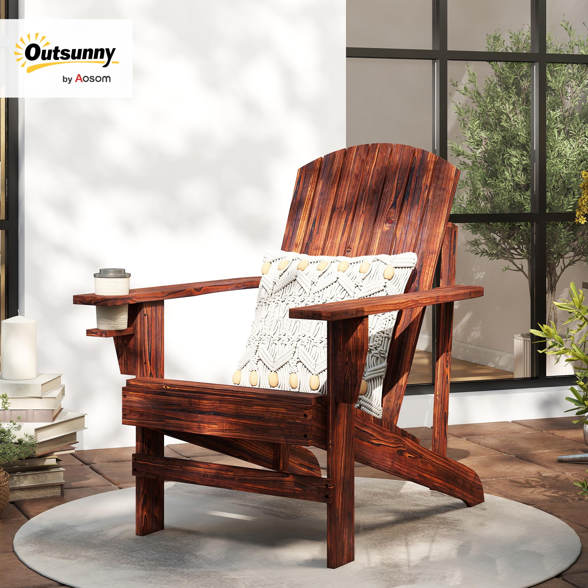 Outsunny Fauteuil de Jardin Adirondack Grand Confort Porte-gobelet intégré Bois de Sapin traité Peint Marron
