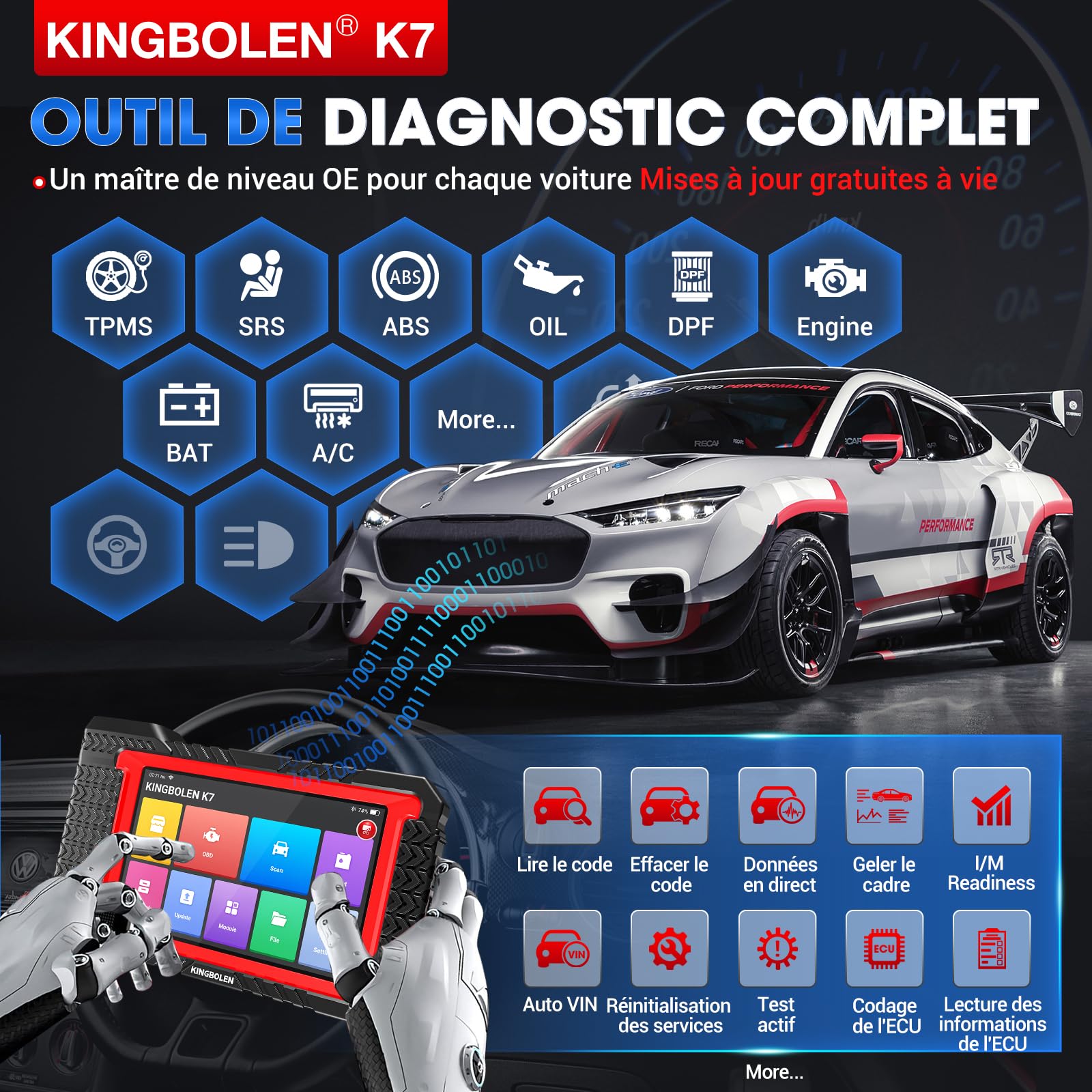KINGBOLEN K7 Valise de Diagnostic Auto OBD II en français avec mises à Jour gratuites à Vie, 31 Services, bidirectionnels, Codage ECU- Outil incontournable pour Les mécaniciens et Amateurs Voitures