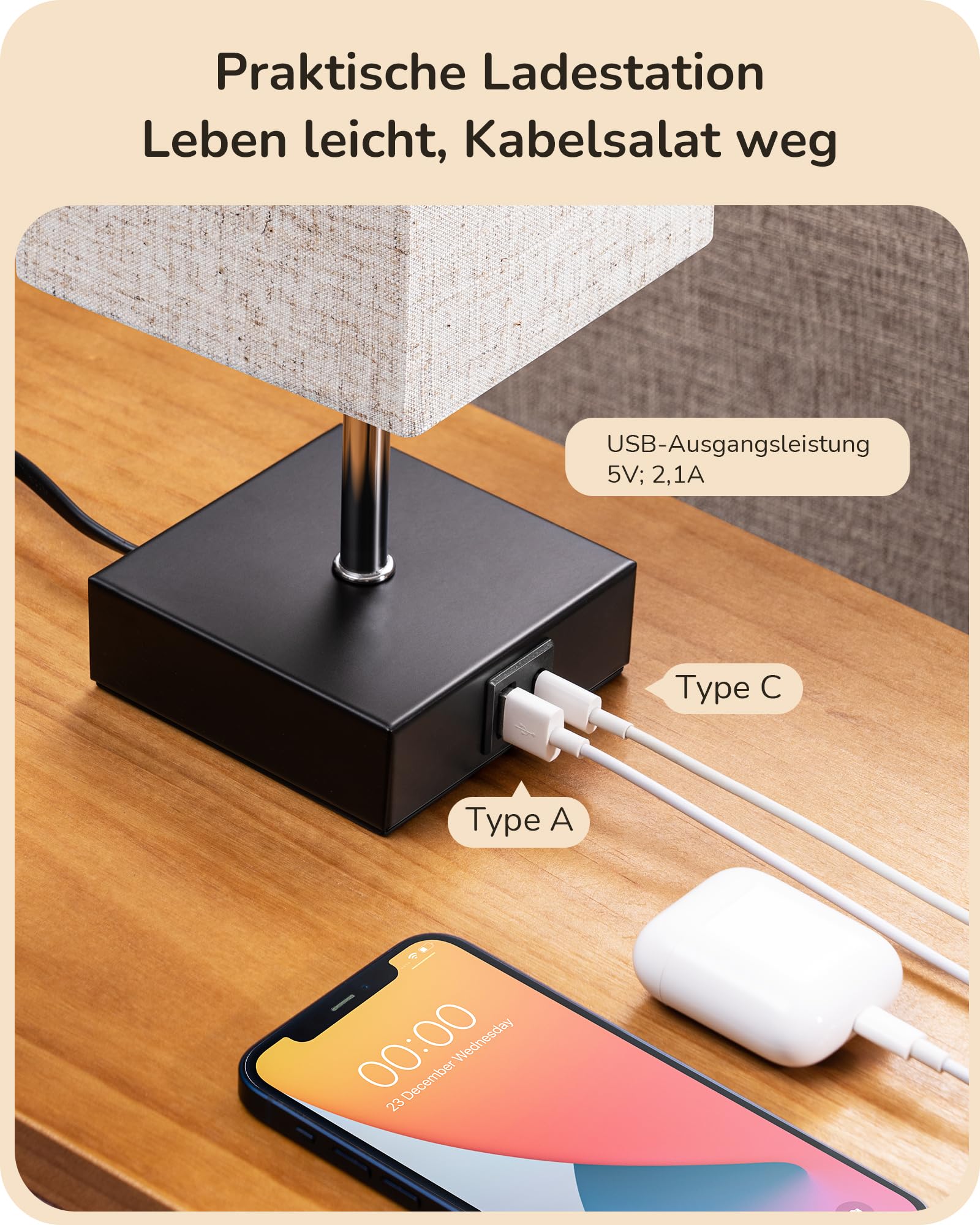 EDISHINE LED Nachttischlampe Touch Dimmbar 2er Set, Tischlampe Modern, Kleine Lampe, mit Ladefunktion, 2 USB Anschlüsse, für Schlafzimmer, Wohnzimmer, Fensterbank, Geschenk, Beige