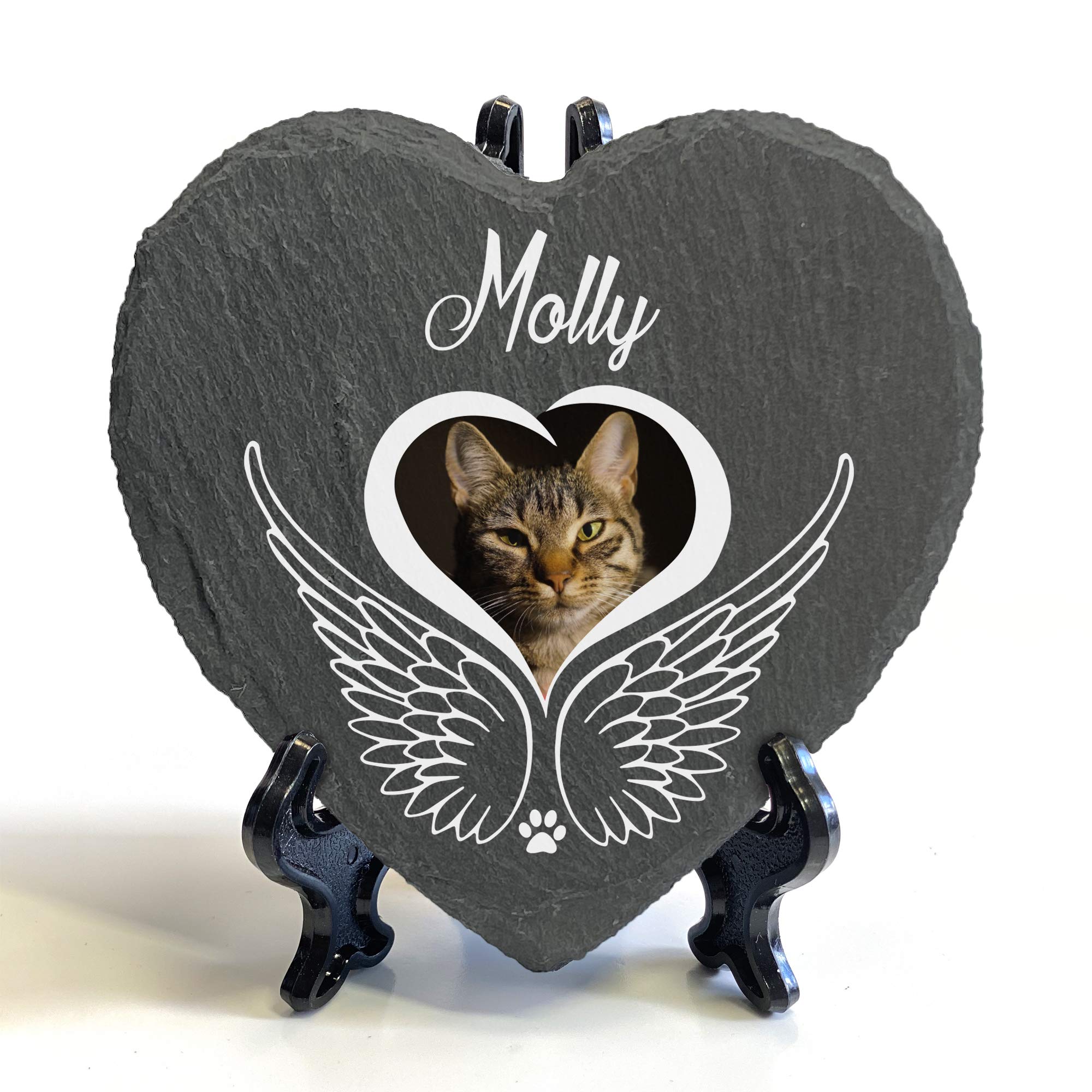 TULLUN Personalised Memorial Heart Shape Plaque + Black Stand For Pet Cat Dog Slate Stone Rock Frame Paw Grave Marker - Angel Wings - Size | 4" x 4" or 10 x 10 cm |