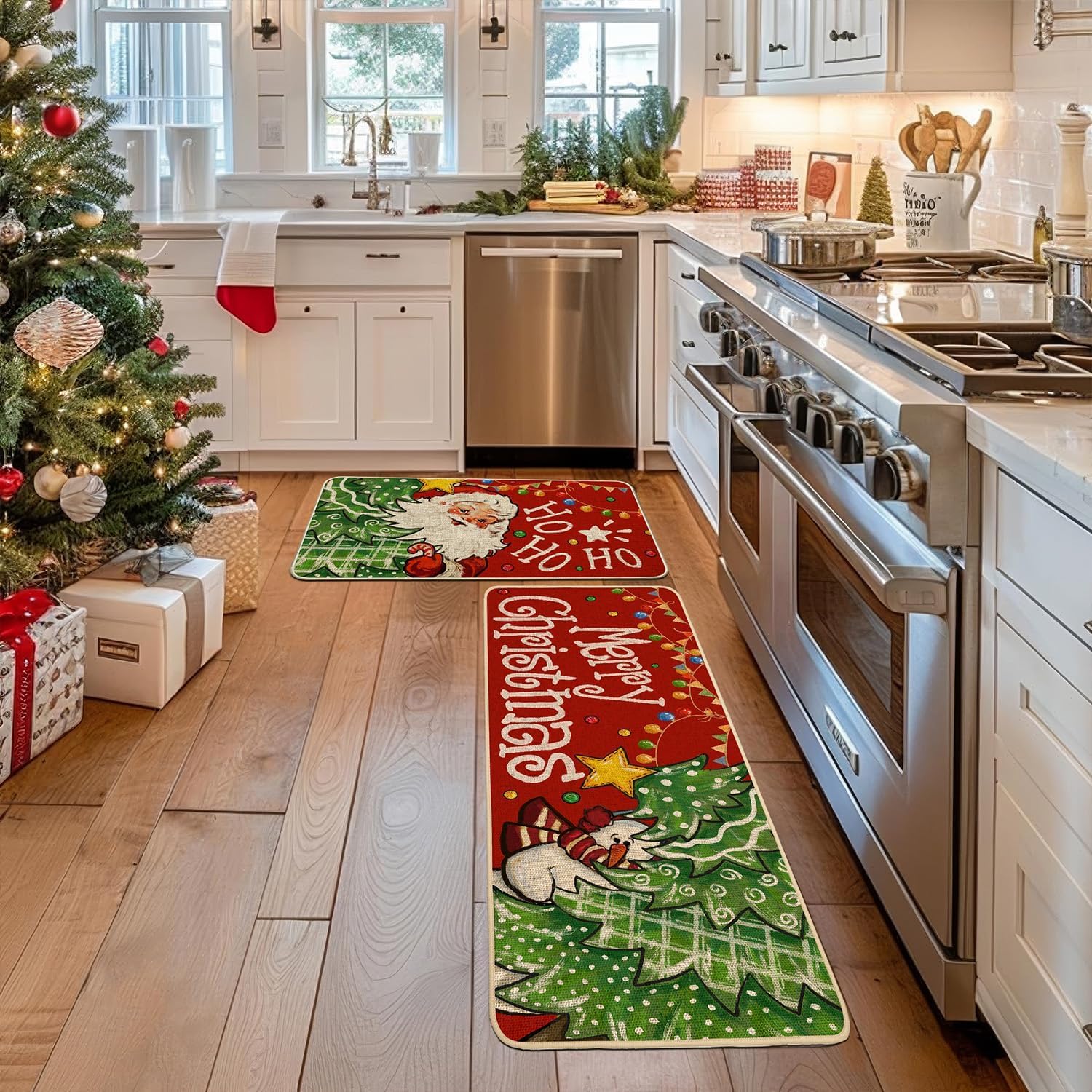 Baccessor Christmas Kitchen Rugs Set of 2, Santa Claus Snowman Red Kitchen Mats for Floor Hallway Laundry Sink Low-Profile Winter Holiday Home Decor 17x29 and 17x47 Inch