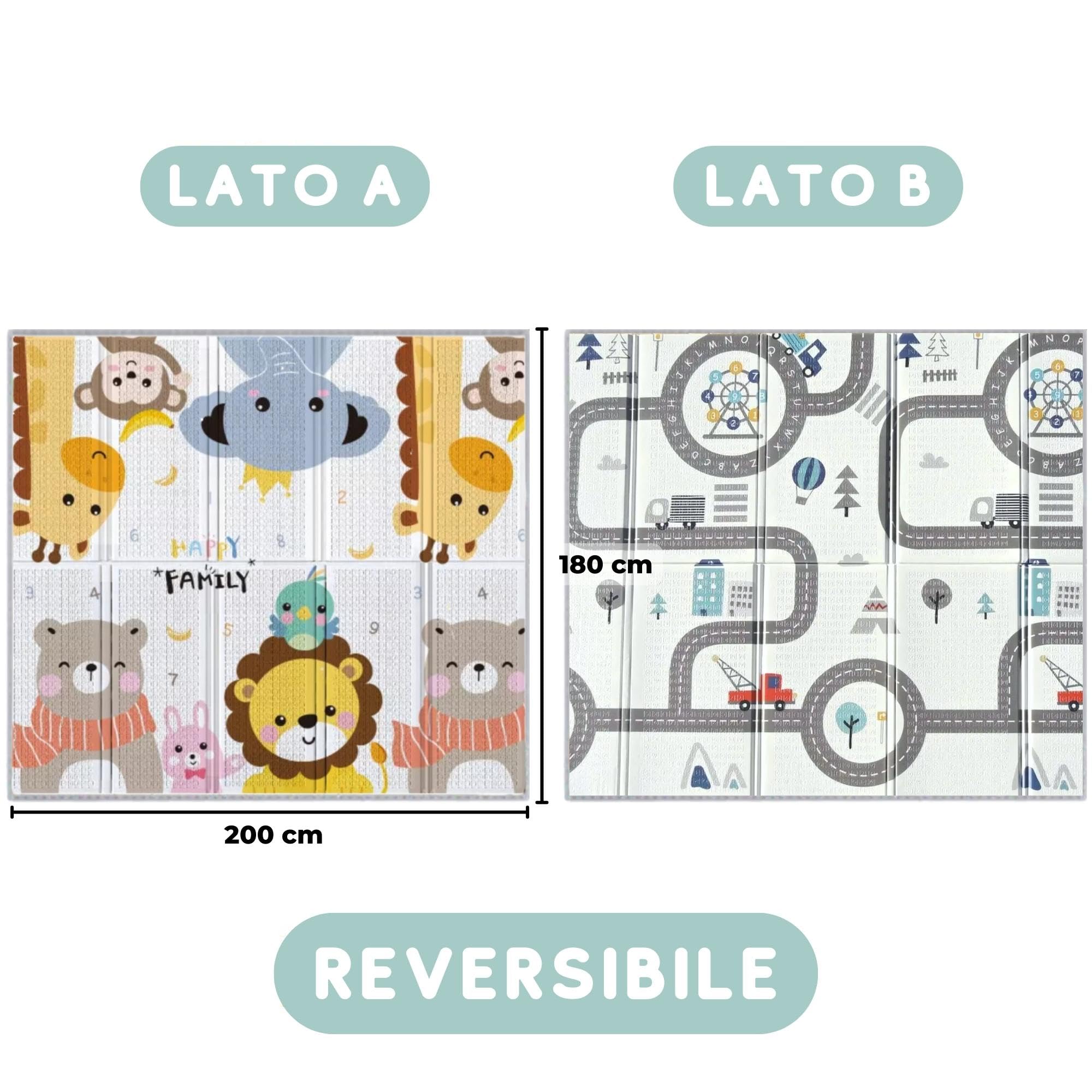 HuBorns - Tappeto Gioco Bambini Pieghevole 200x180 cm, Reversible, Impermeabile e con Bordi Cuciti, Tappeto Gioco Neonato per una Sicurezza Extra per il Neonato, Morbido Tappeto Neonato Gattonamento