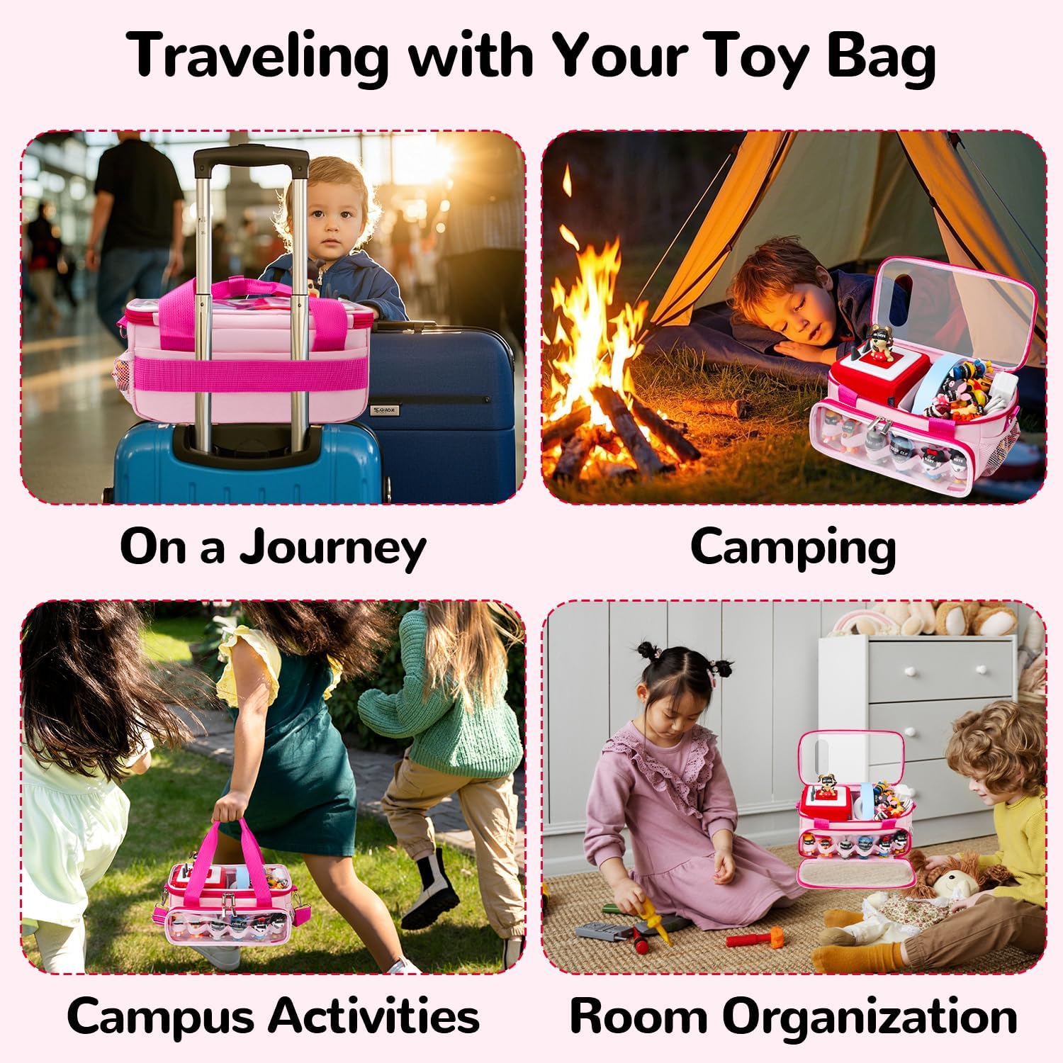 Carrying Case Compatible with Toniebox Starter Set with Audio Play Side, Portable Organizer Case for Tonies Figures Storage with Elastic Band& Clear Window for Character Display (Pink)