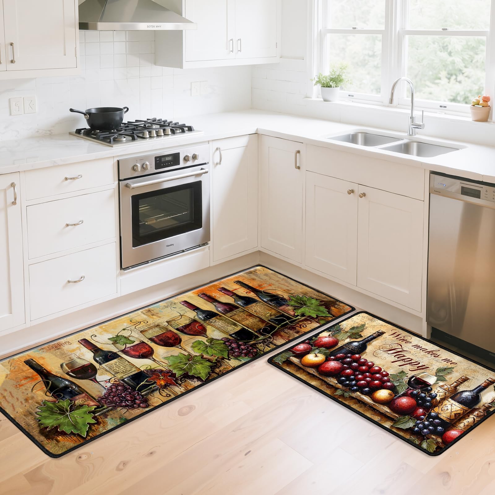 Wine Kitchen Rugs, Kitchen Floor Mat Set of 2 Washable Runner Rugs, No-Slip Absorbent Floor Mats Doormat Decor(16 X 28 +16 X 47 Inches)