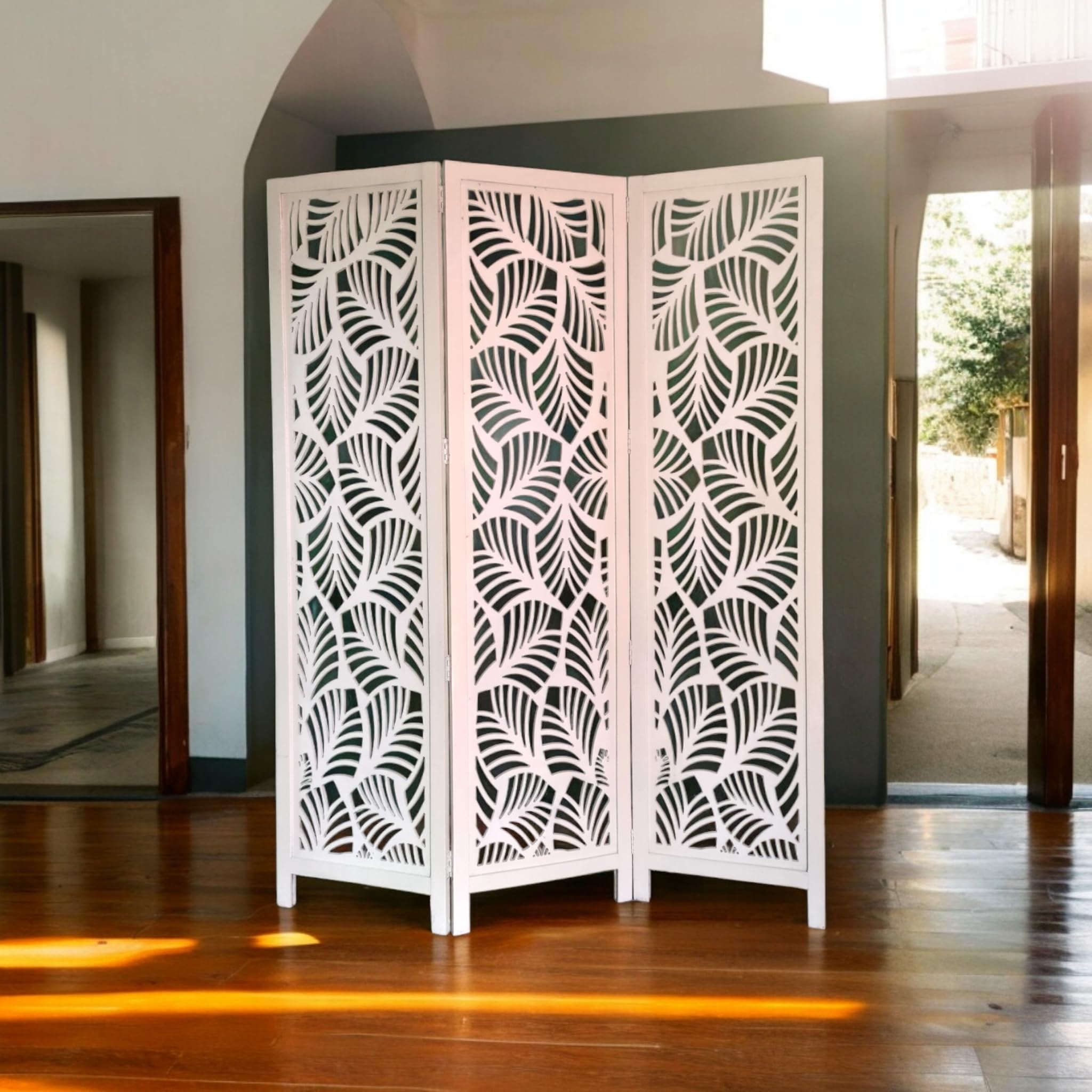 DECORISTIC Wooden Room Partition - 3 Panel White Palm Leaf Screen for Living Room, Bedroom, Office, Restaurant, Garden
