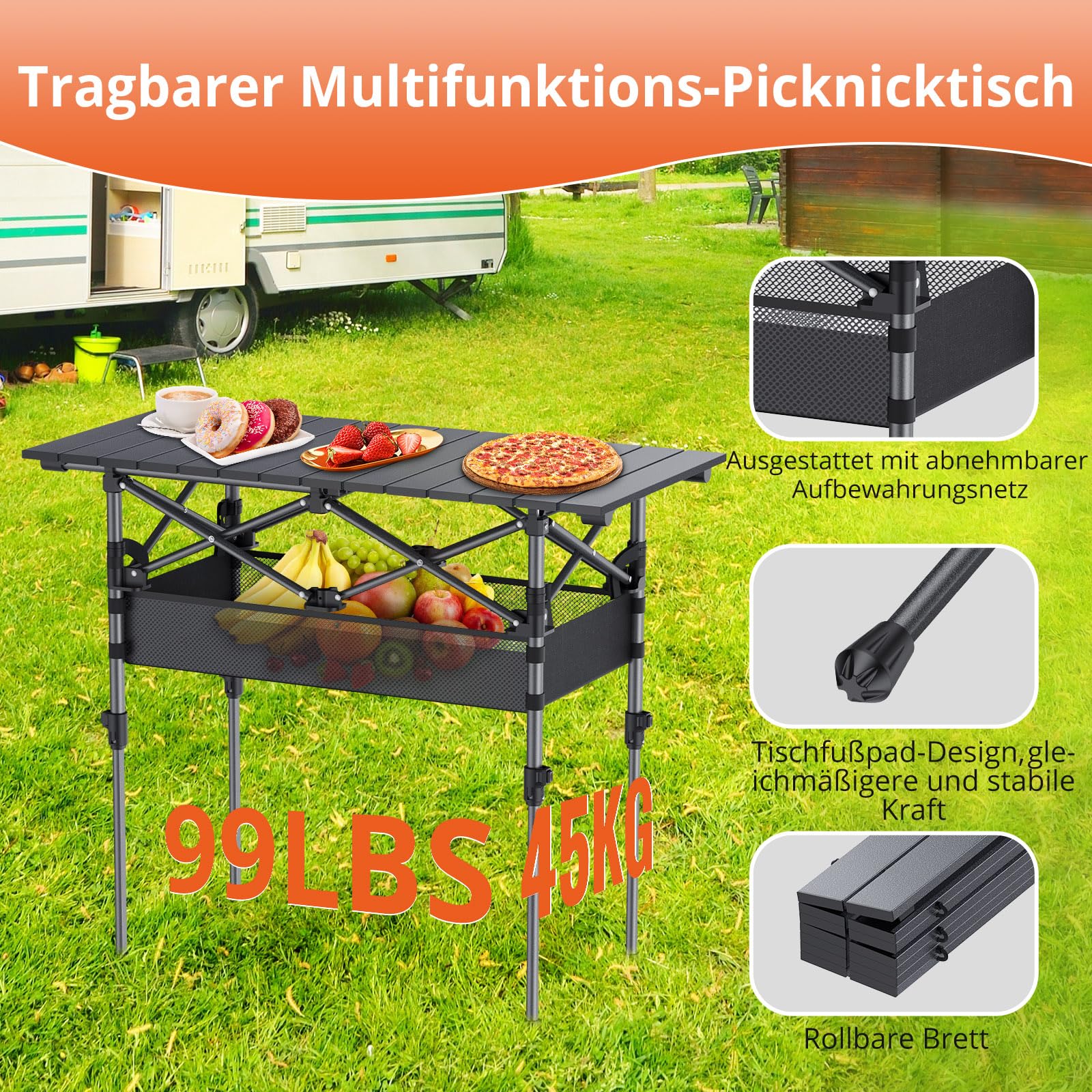 FUNYKICH Campingtisch Klappbar 82 x 40cm, Klapptisch mit 2 Höhenverstellbar(44/70cm), Einfache Montage, Tragbar Falttisch mit Netztasche Aluminium Aufrollbare Tischplatte für BBQ Camping Party Garten