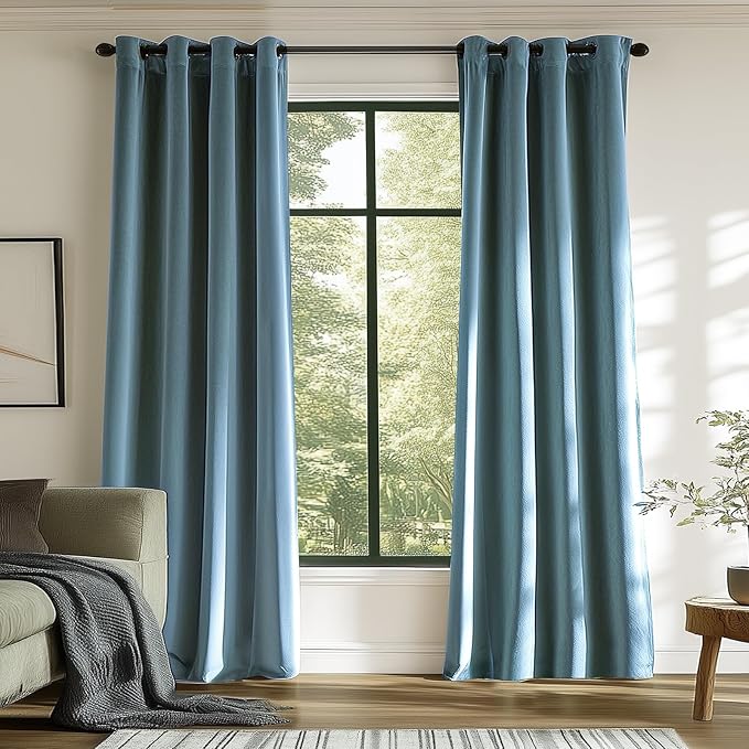 Blackout Velvet Curtains Blue Thermal Insulated Curtains Set of 2 Panels DARK SLATE