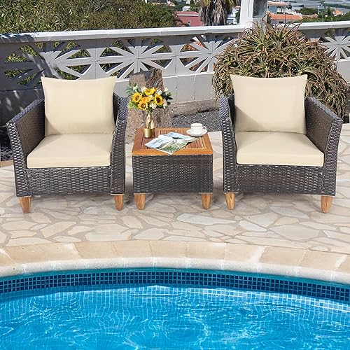 Miniatura 3 de Tangkula Patiojoy Juego de muebles de patio de 3 piezas, juego de bistró de mimbre de polietileno para exteriores con cojines suaves y madera de