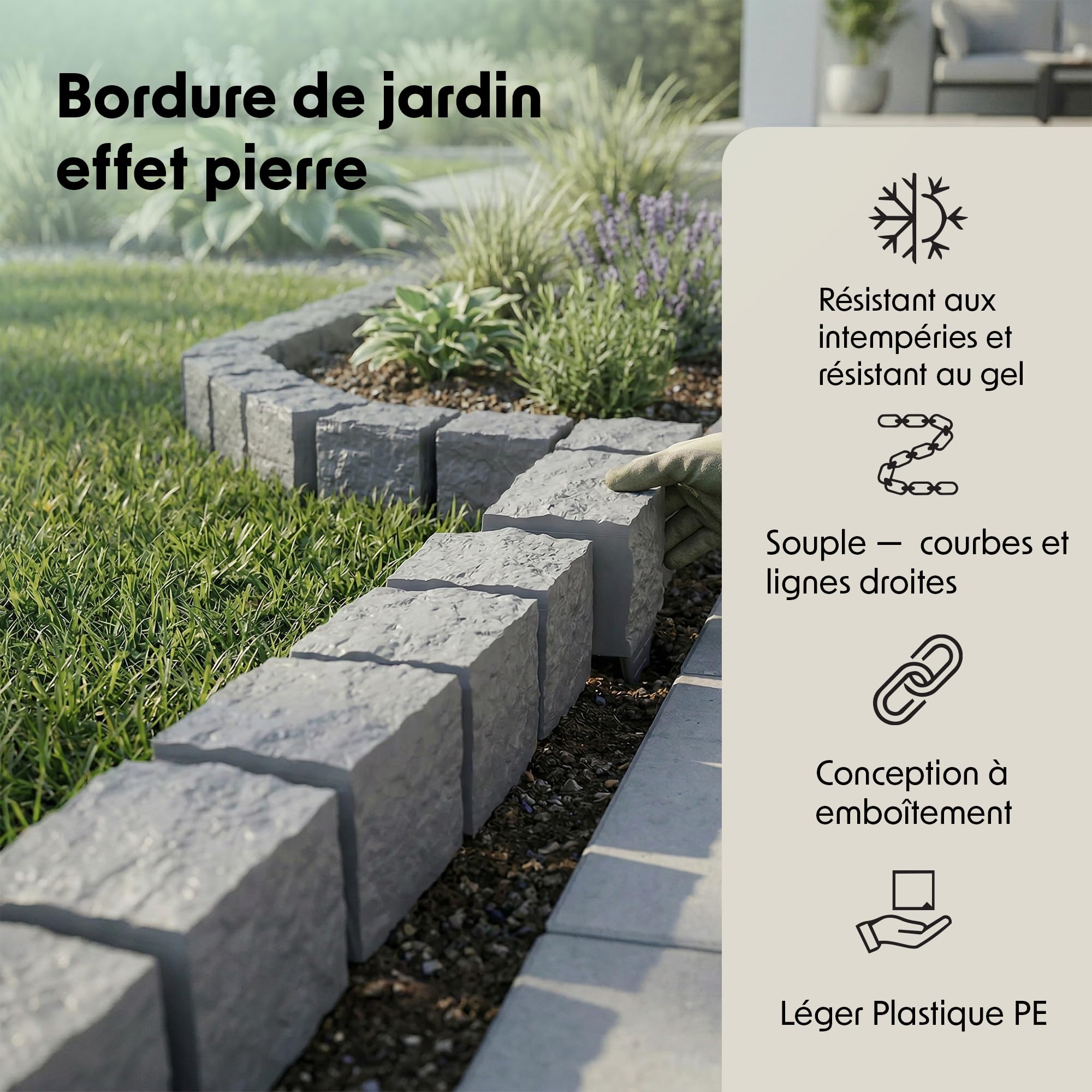 GARDENIX Bordure de pelouse, 2,4 m, Aspect Granit, Anthracite, 10 x 10 x 10 cm, Bordure de Parterre en Plastique, clôture de Jardin, Bordure de Parterre de Fleurs