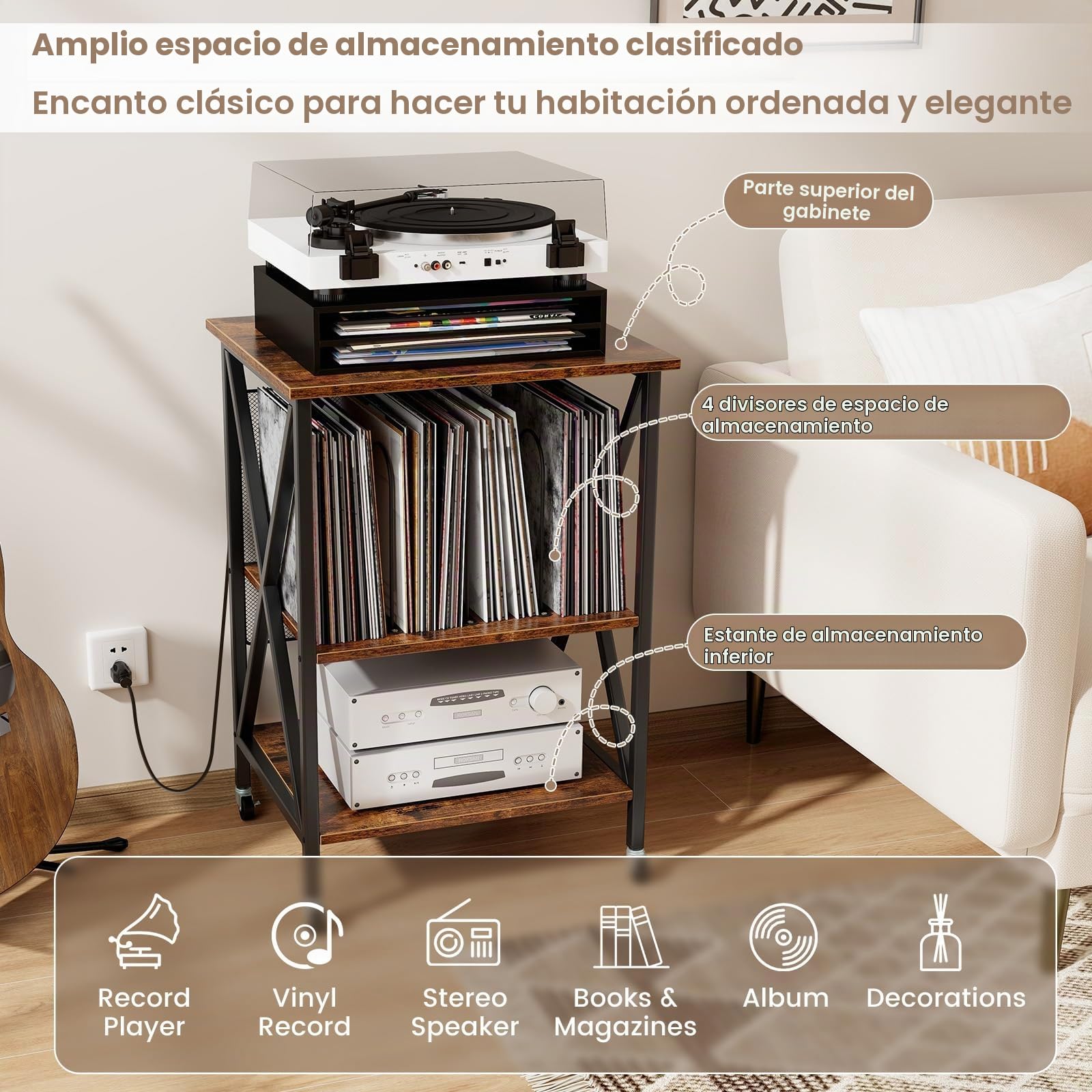 GOPLUS Soporte para Tocadiscos, Estante de Almacenamiento para Vinilos de 3 Niveles con Estación de Carga Incorporada y Ruedas Bloqueables, Soporte para Giradiscos (Marrón Rústico)