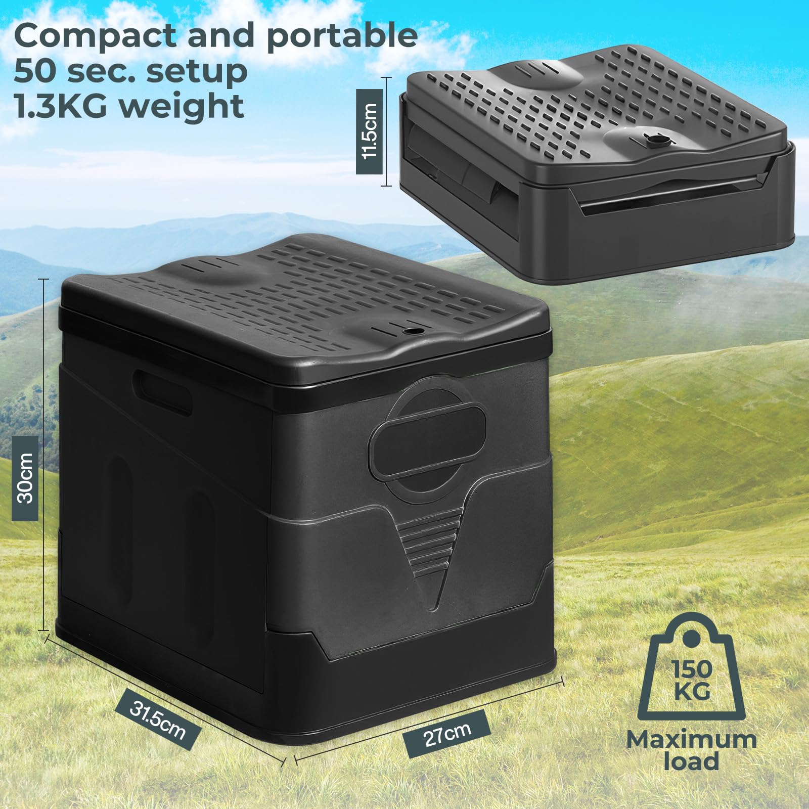 Tragbares Klapptoiletten-Set, 25 L Groß, Maximale Tragung 150KG, 24 Beutel Müllbeutel,Transporttasche, Toilettensitzpolster, Mobile Toilette für Camping, Wohnmobil,Wandern