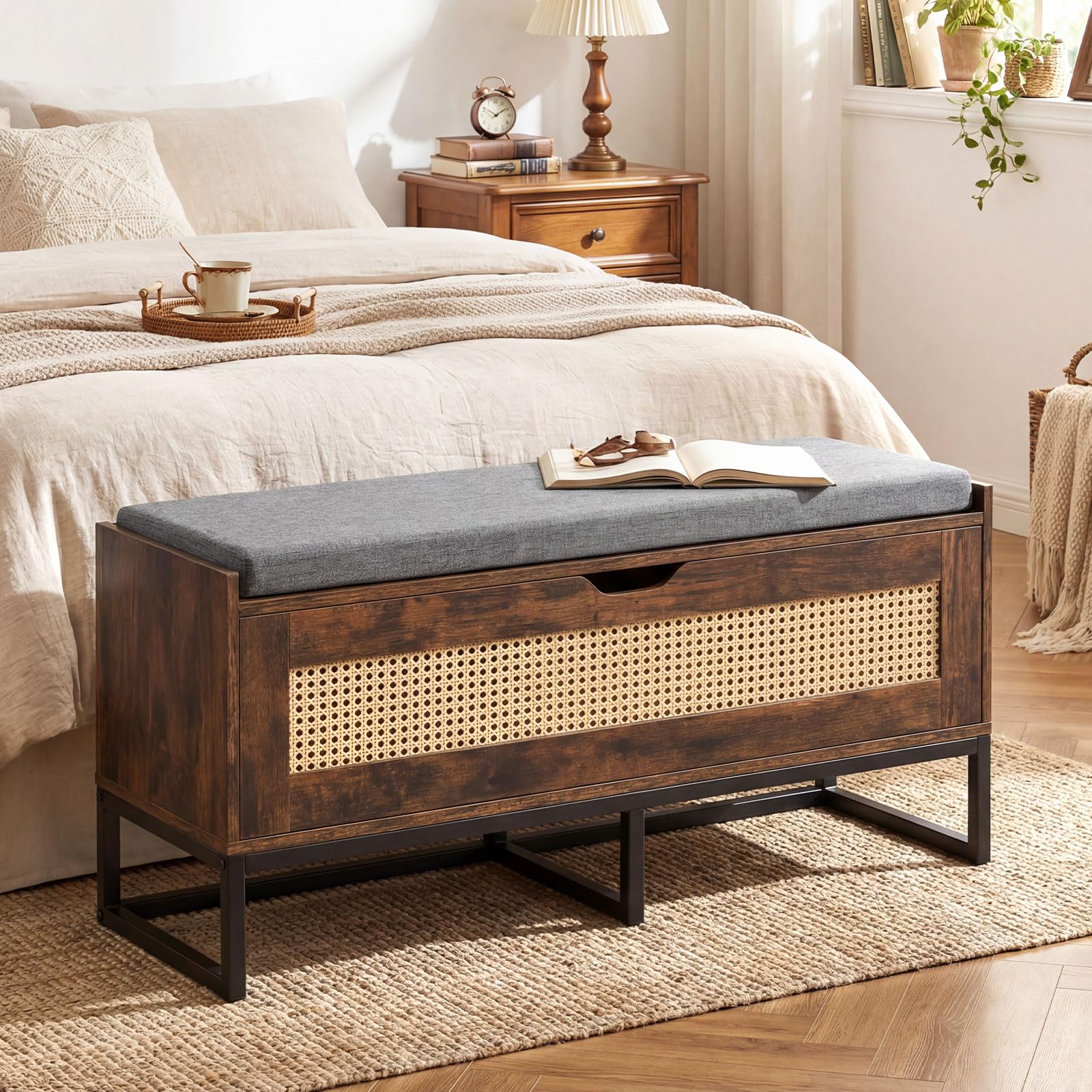COSTWAY 71L Panca Scarpe con Seduta Imbottita, Cassa Portaoggetti in Rattan con Coperchio Ribaltabile, Panchina da Ingresso con Spazio Nascosto, 100x35x44 cm (Marrone)
