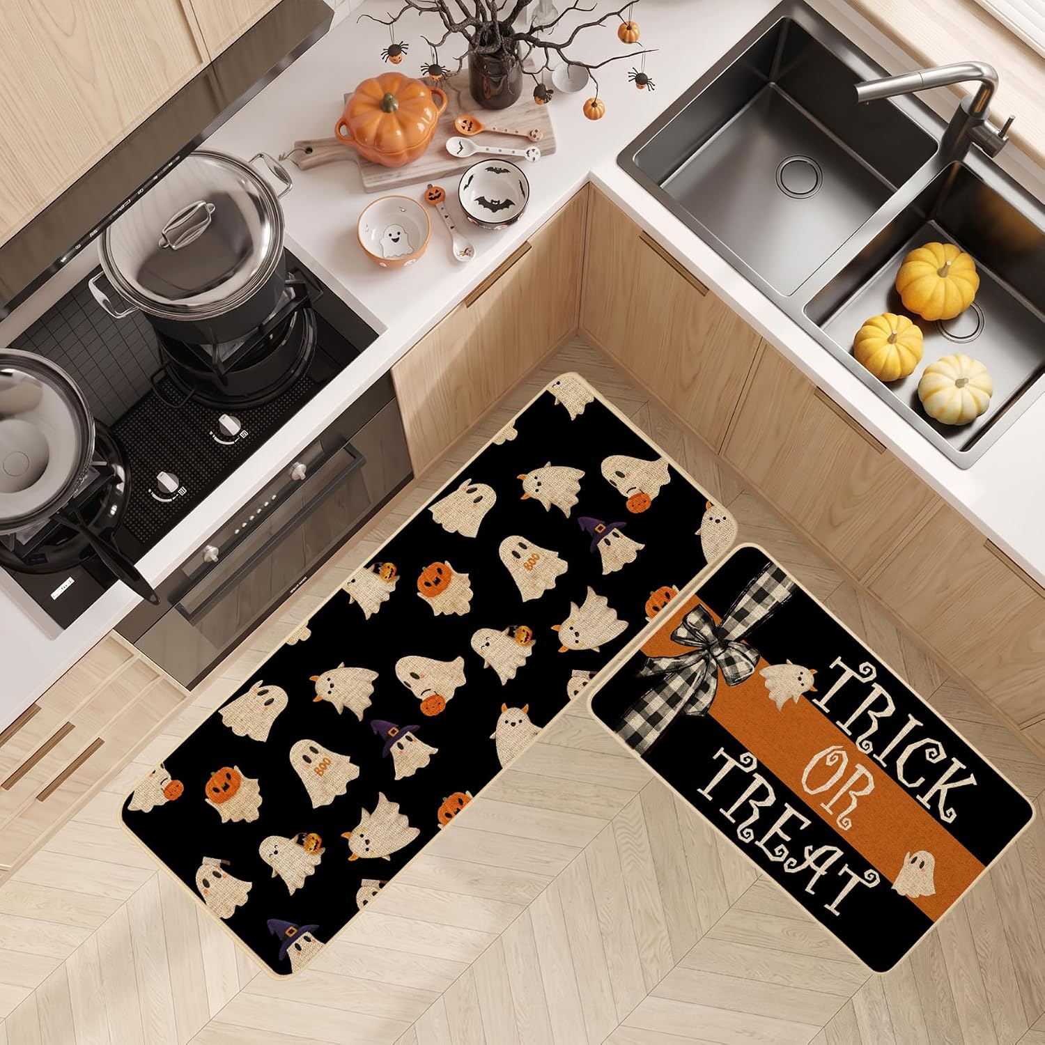 Baccessor Halloween Kitchen Rugs Set of 2, Trick or Treat Ghost Bow Kitchen Mats for Floor Washable Low-Profile Farmhouse Fall Holiday Home Indoor Outdoor Decor 17x29 and 17x47 Inch