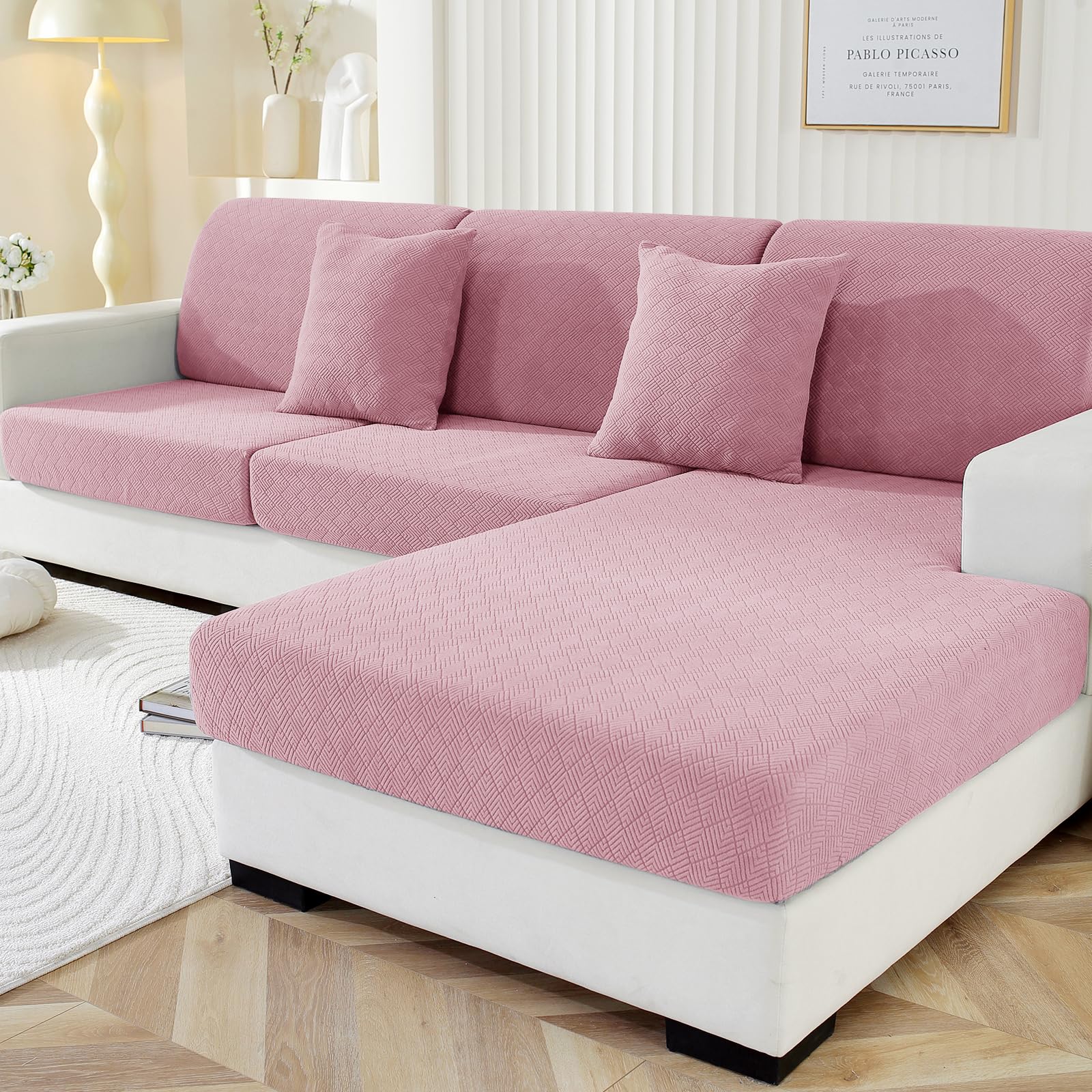 YSTELLAA Stretch Sofa Sitzkissenbezug, Sitzkissen Bezug rutschfest, Elastischer Kissenbezüge, Sofa Überzug Wohnzimmer, Sofa Sitzkissen Sofaschoner, Rosa, 1 Sitzer*3+Chaiselongue