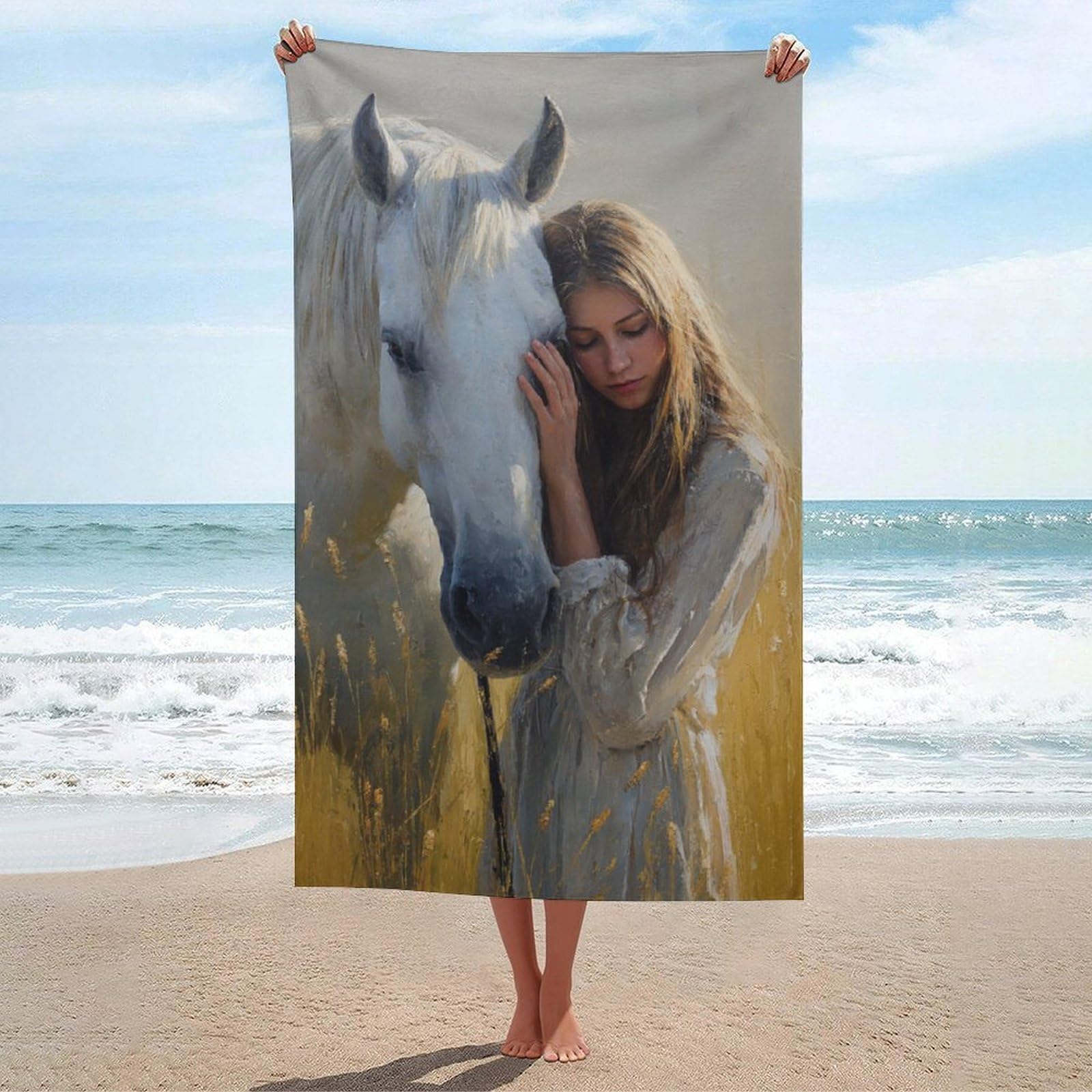 Serviettes de plage ultra-absorbantes fille et cheval blanc grand drap compact pour le sport