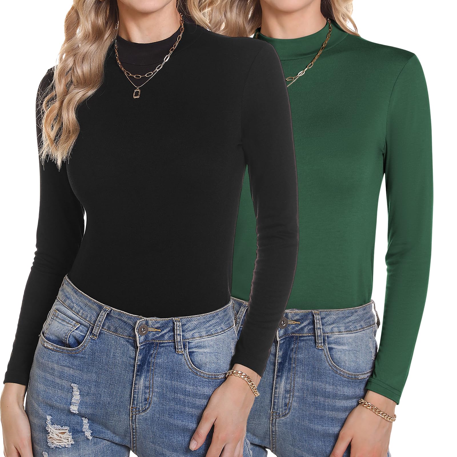 Aottori Damen 2 Pack Langarmshirt Set Stehkragen Rollkragenshirt Baumwolle Elegant Basic Oberteile Langarm Unterhemd Winter T-Shirt Stretch Tops