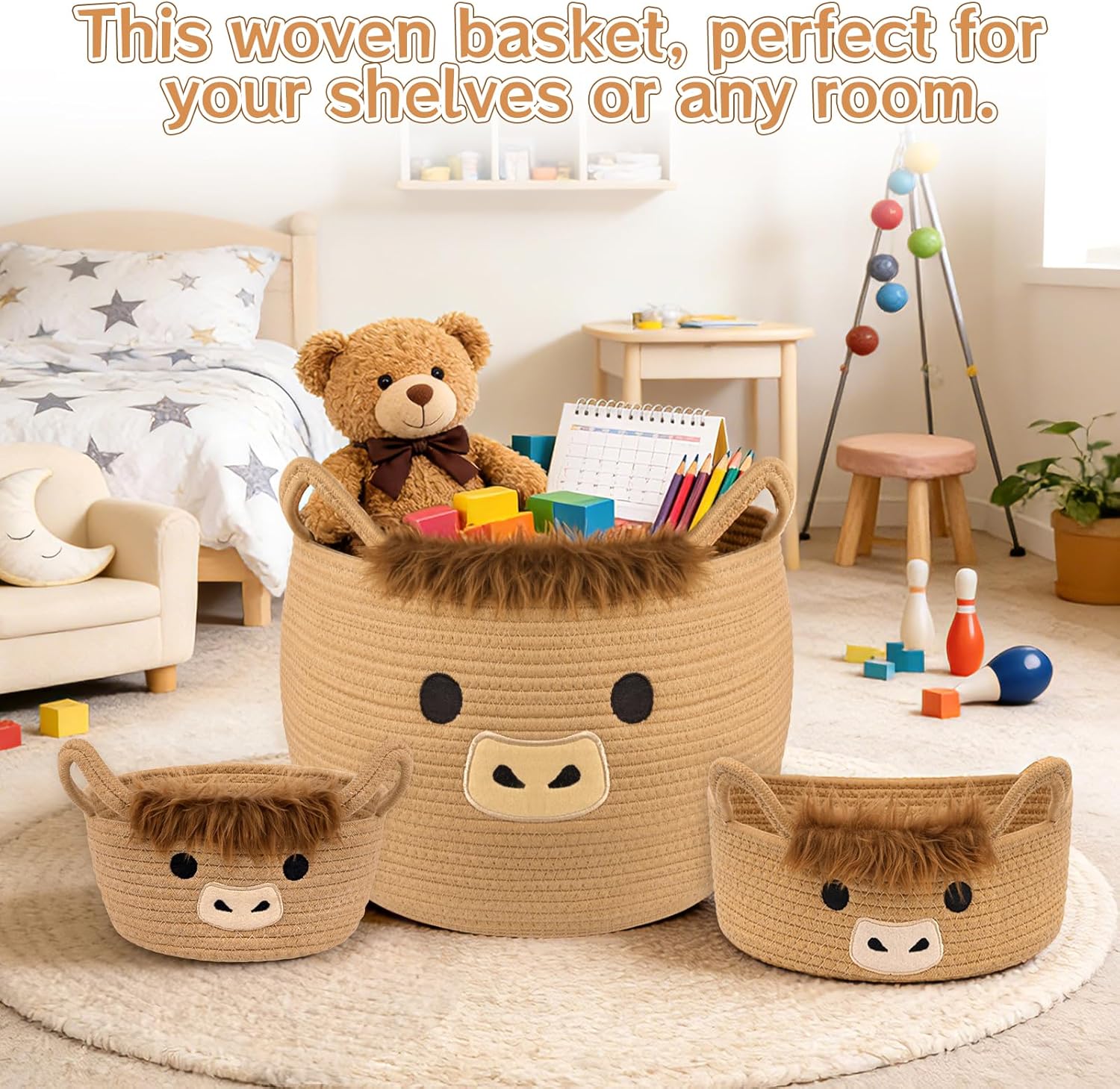 3Pack Highland Cute Cow Storage Baskets Set for Nursery- Small, Oval, Large Woven Gift Basket, Rope Cotton Bins with Handles, Baby Laundry 0rganizer Shower Towel Blanket Clothes (9/12/15In)
