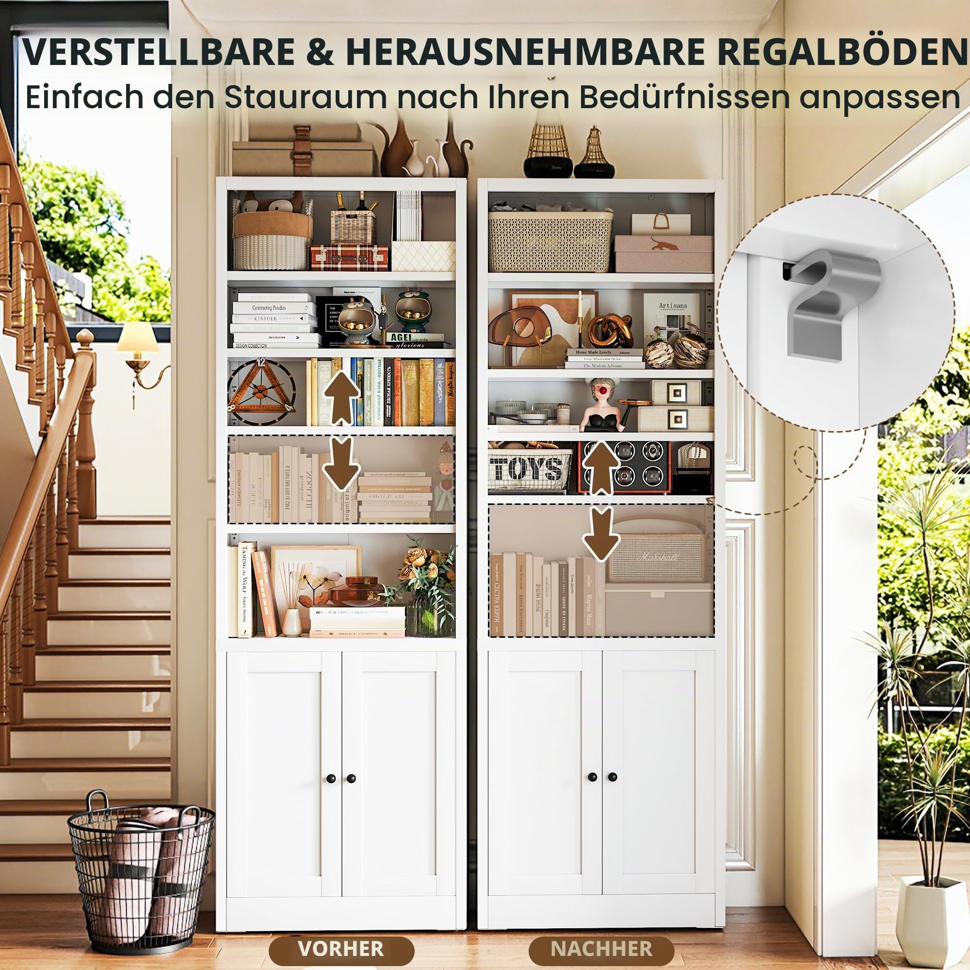 24" breites Bücherregal mit Schrank, 7-stufiges Bücherregal und 5 verstellbare Einlegeböden, hohes Metallbücherregal für Home Office und Wohnzimmer