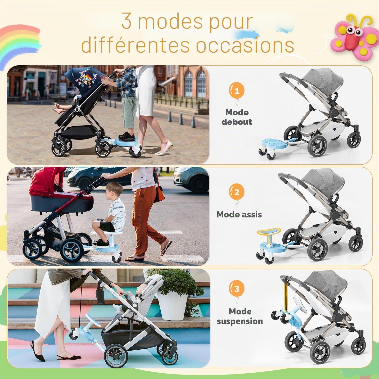 Planche Poussette Universelle Bleu Ciel, Marche Pied Poussette Universelle avec Siège, Compatible 99% des Poussettes, Planche à Roulettes pour Enfants 2-6 Ans (25KG)