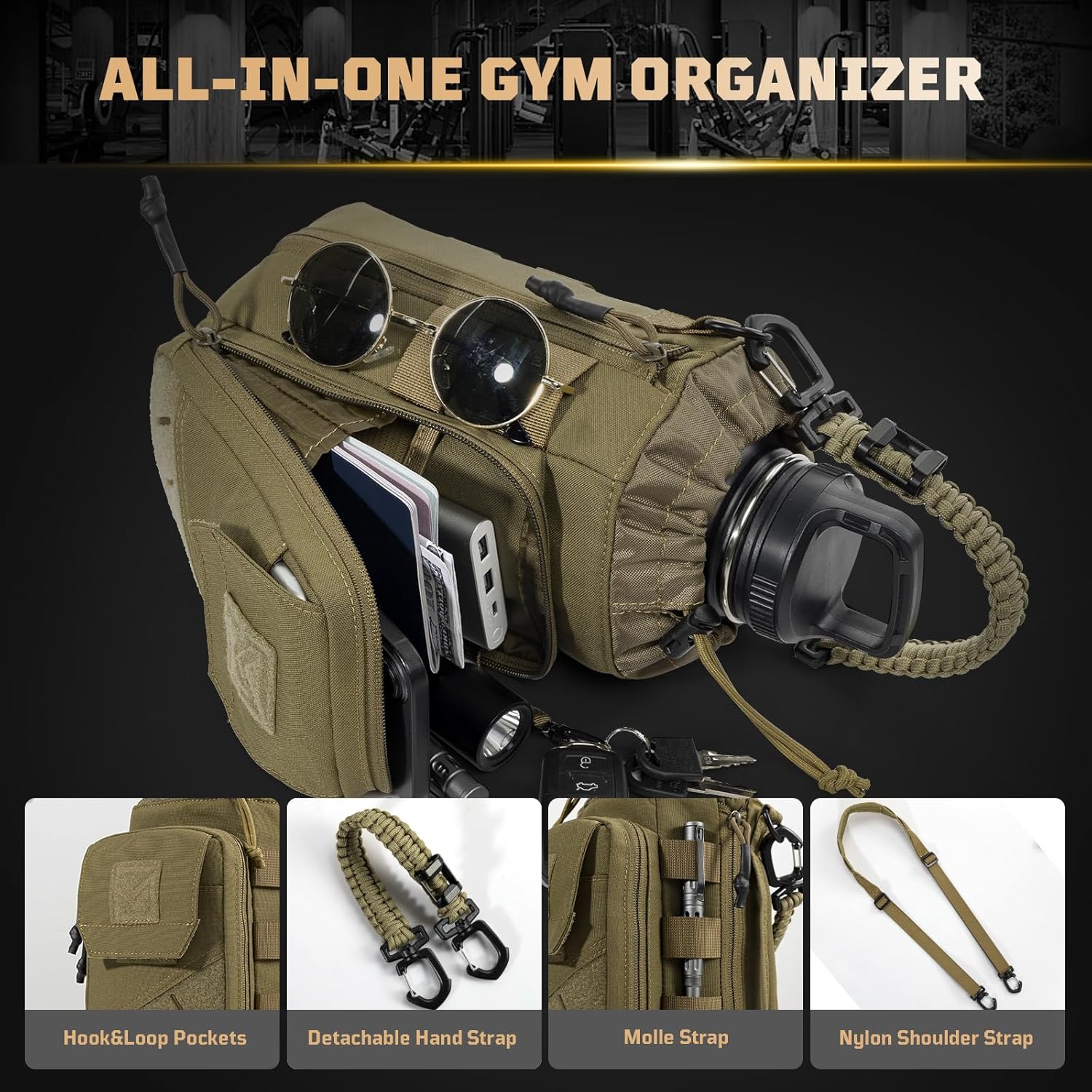 1TG Tactical Magnetic Gym Bag for Men,Magnetic Gym Water Bottle Bag with Phone Pockets&40 64oz Multiple Size, Water Bottle Holder with Adjustable Shoulder, Ideal for Fitness,Sports,Travel(Brown)