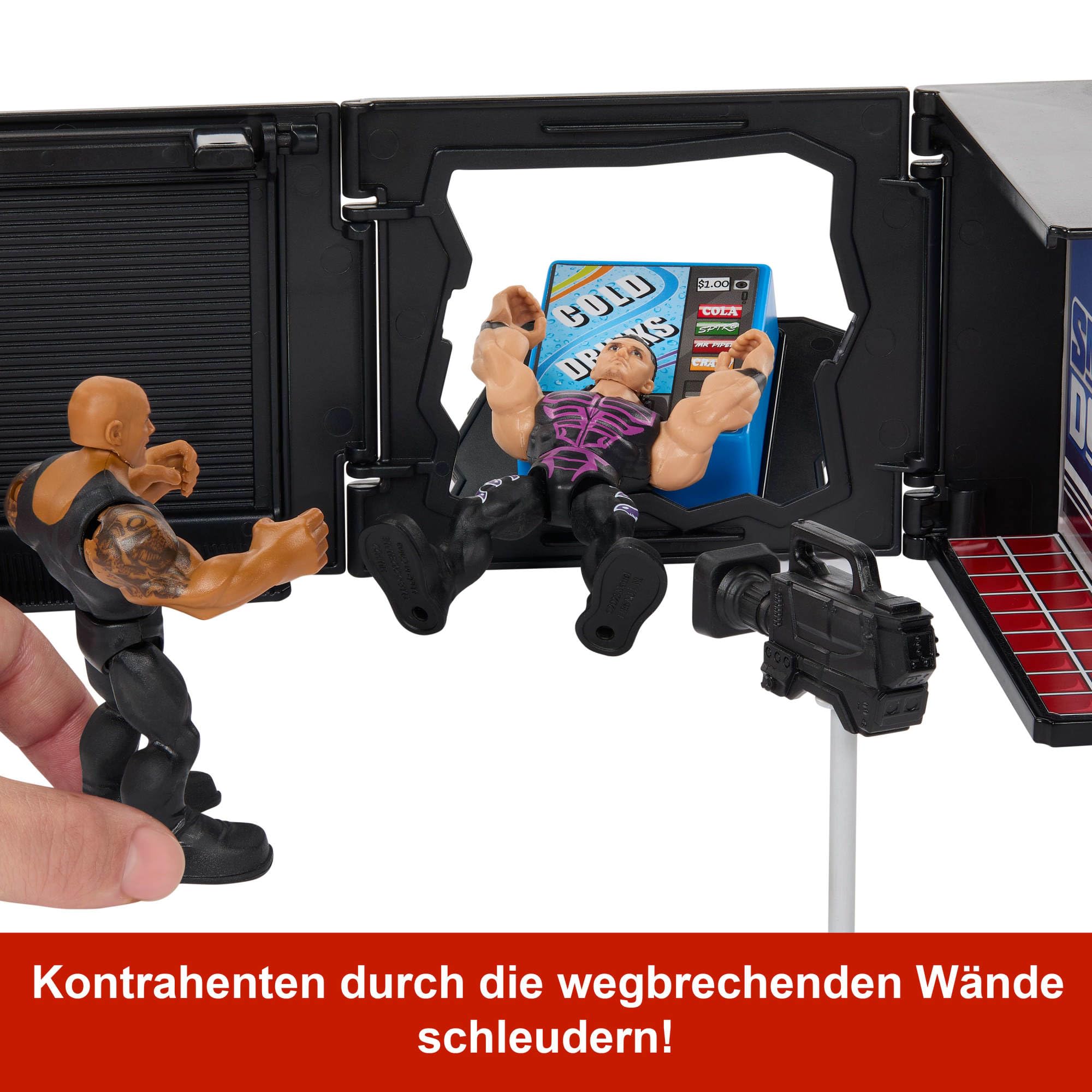 Mattel WWE Knuckle Crunchers 2-in-1-Mikrofon und Spielset mit Actionfigur und 2 Zubehörteilen, Final Boss-Set mit 8 cm großem The Rock, JFX07