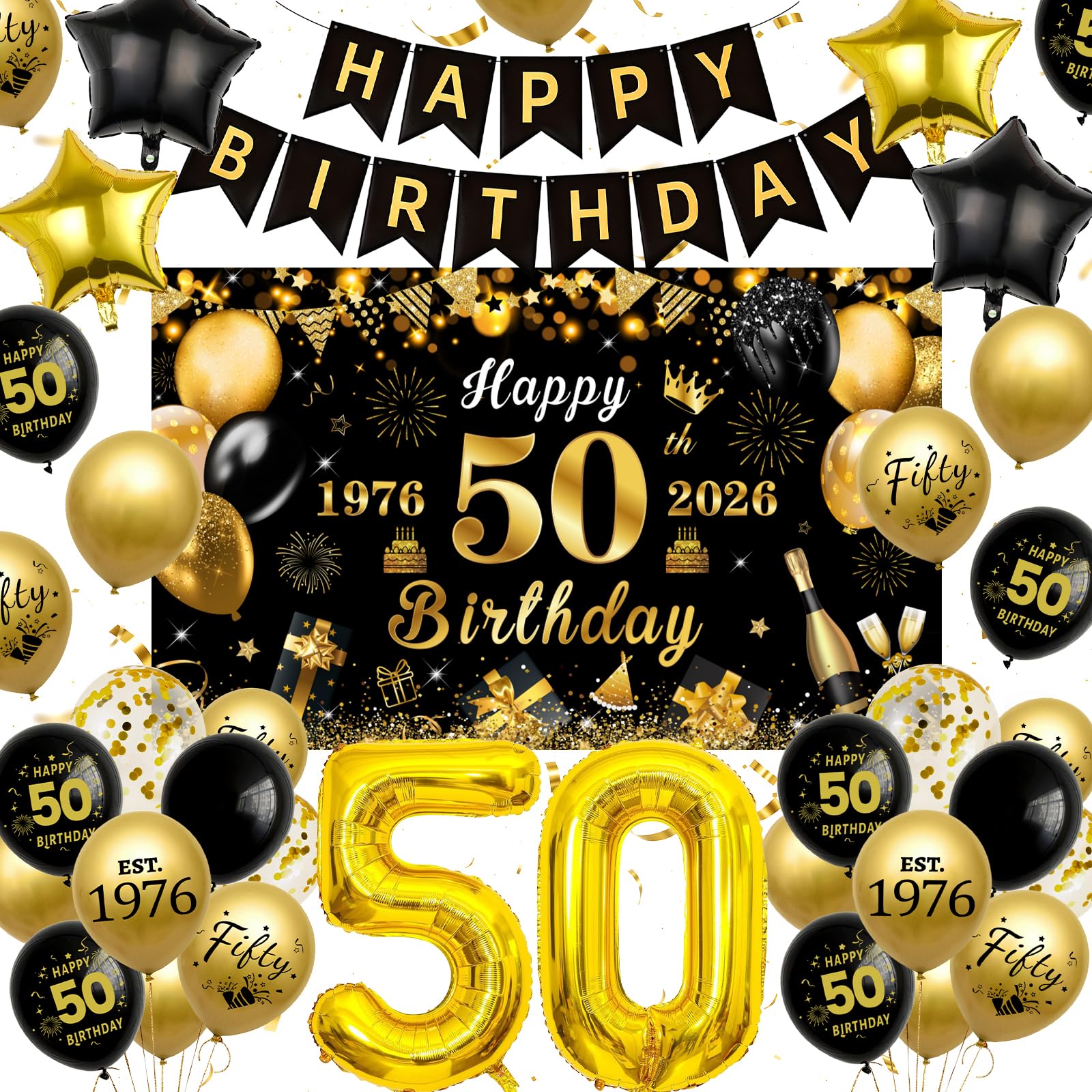 WINAROI 50th Birthday Decorations for Boy and Girl,Black and Gold 50th Birthday Banner,50th Birthday Balloons,1976-2026 Backdrop Banner Birthday Party Decoration