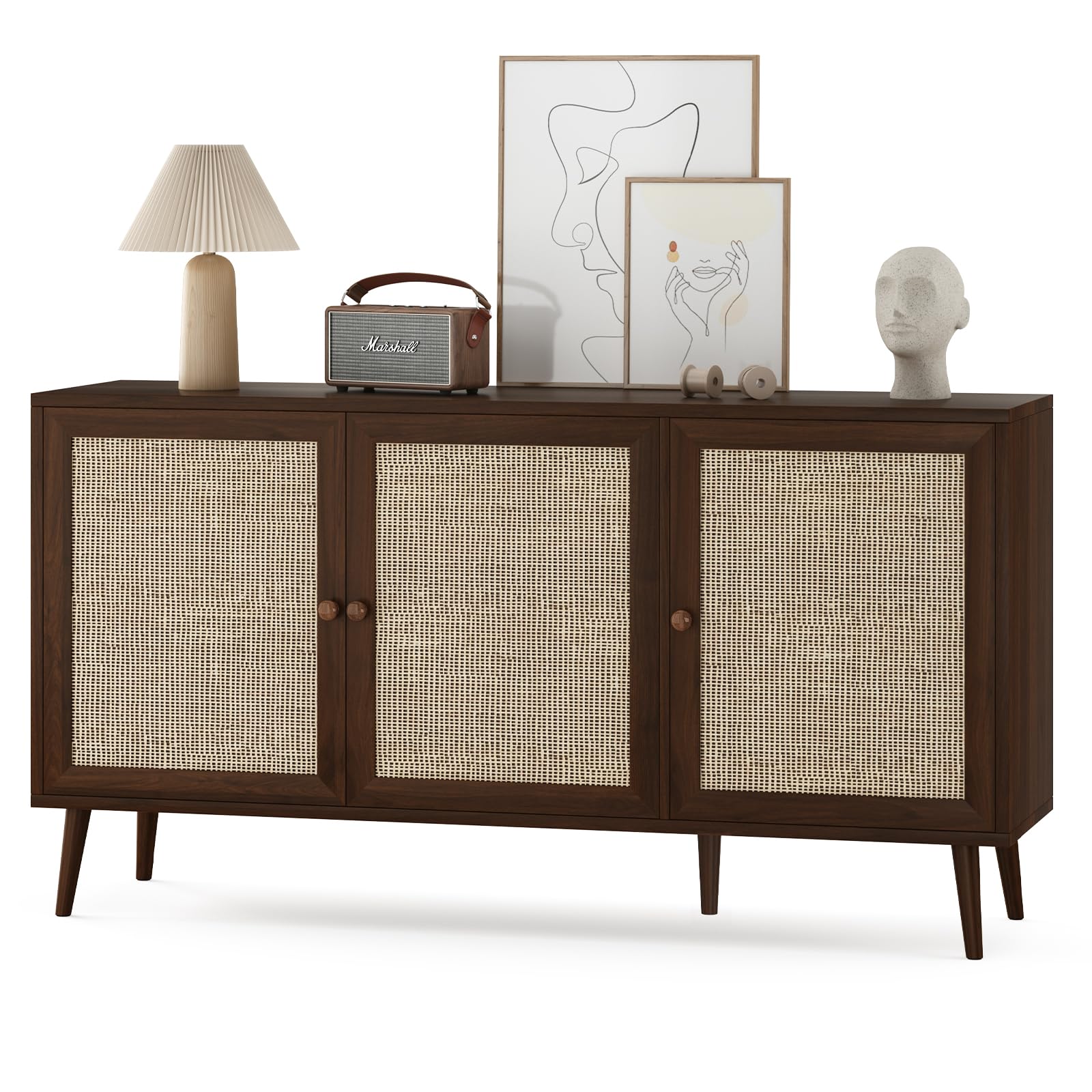 Farini Sideboard Buffet Cabinet with 3 Rattan Doors,Modern Kitchen Storage Console Cabinet for Entryway Living Room (Large,Walnut)