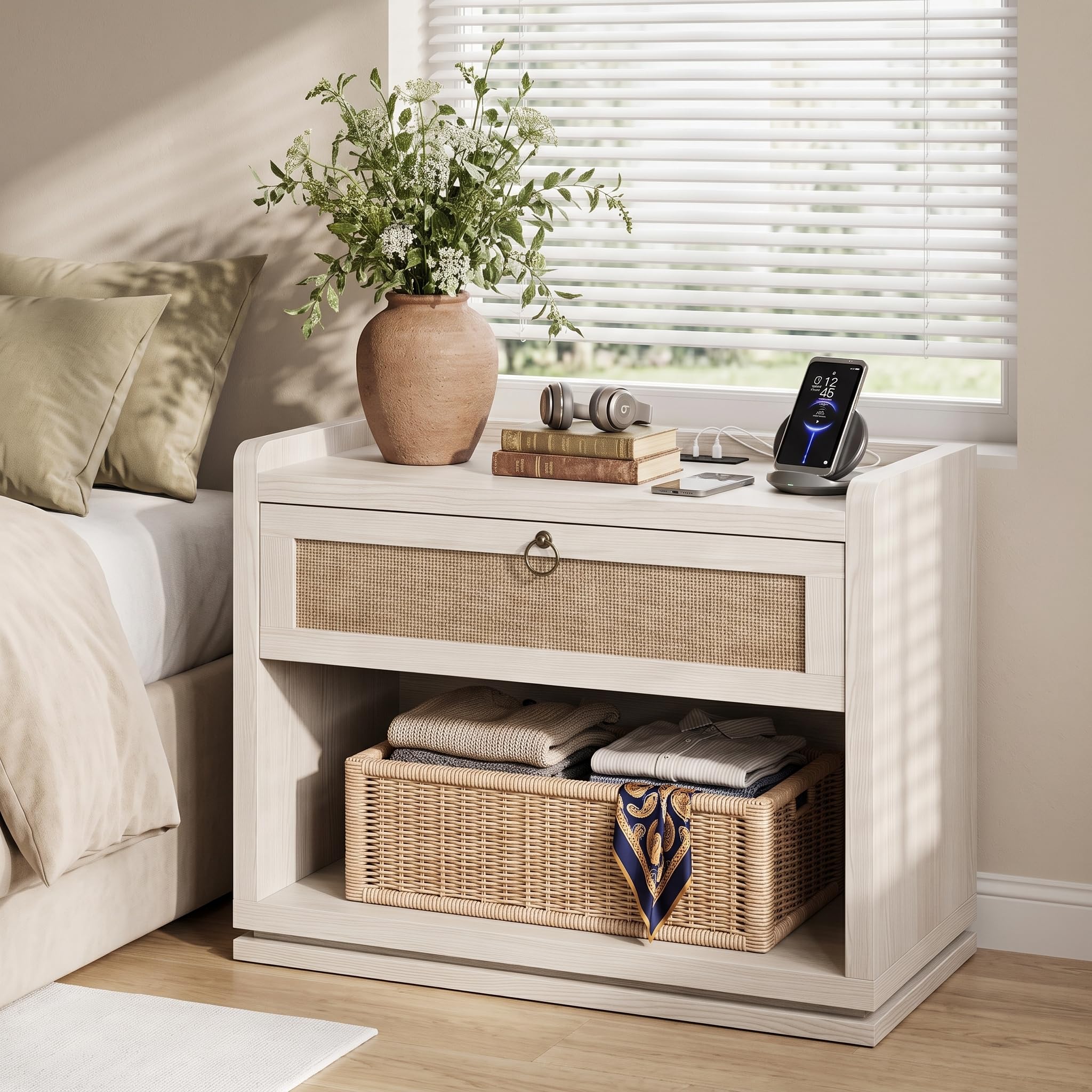 31" Wide Rattan Nightstand with Charging Station, End Side Table