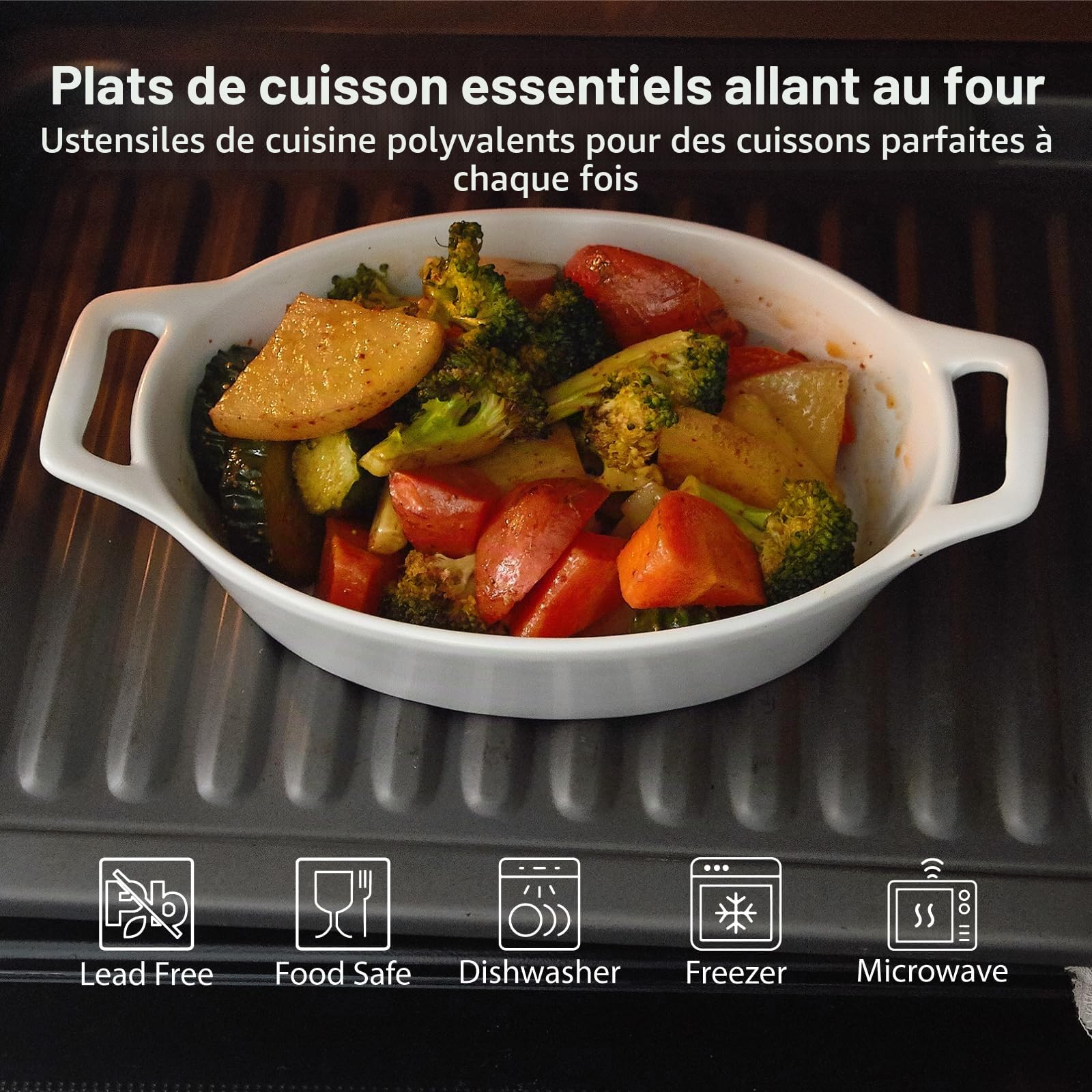 ONEMORE Lot de 4 petits plats ovales au gratin, 590 ml avec poignées, moule céramique pour 1-2 personnes, passe au four