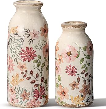 2 Pcs Ceramic Small Vase Rustic Farmhouse Vase Boho Vases Home Decoration for Your Kitchen Bedroom Office Bathroom & Shelf Centerpiece Table DecorativeVintage