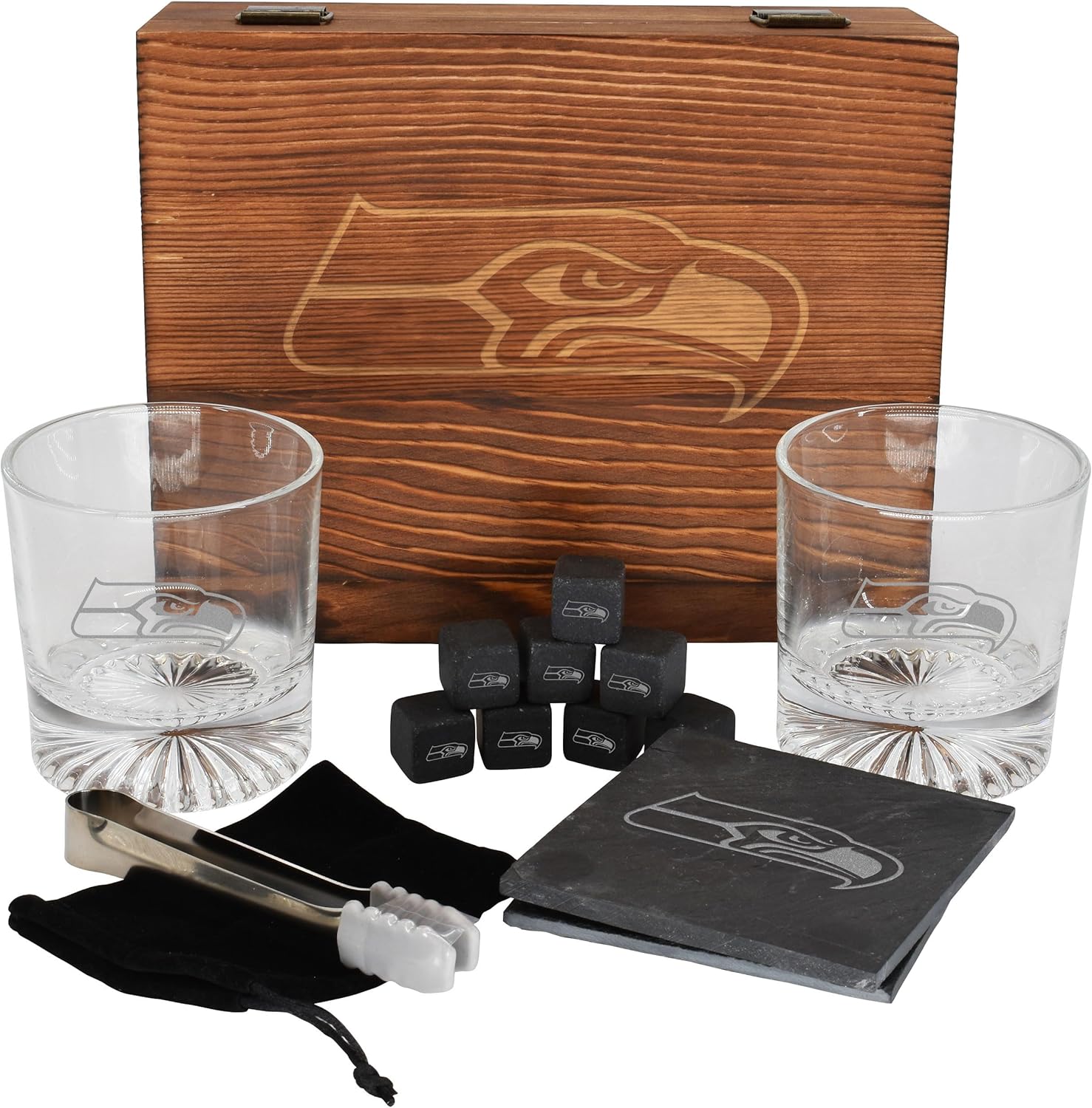 The Memory Company Licensed NFL Wood Boxed Drinkware Gift Set - Includes 2 Premium Rock Glasses, Cooling Cubes, Tongs, and Coasters, Dallas Cowboys