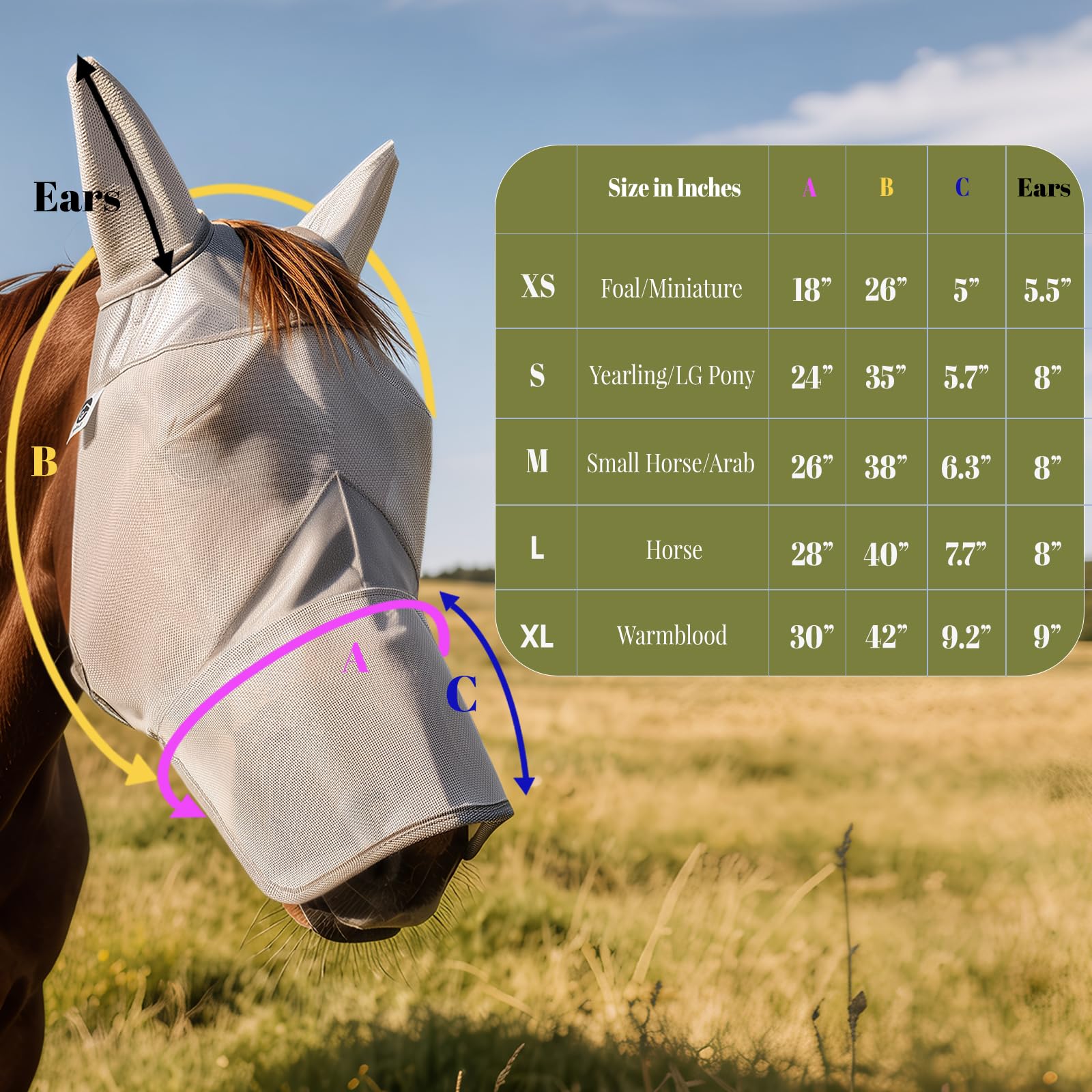 Raelitego Máscara de mosca de caballo con nariz, máscaras ajustables para caballos sin orejas (XS)