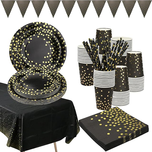 Black and Gold Dot Paper Party Tableware Supplies - Dinner/Dessert Plates, Cups, Napkins, Straws, Banner, Tablecloth for Birthday Party, Wedding, Bridal Shower - Serves 25
