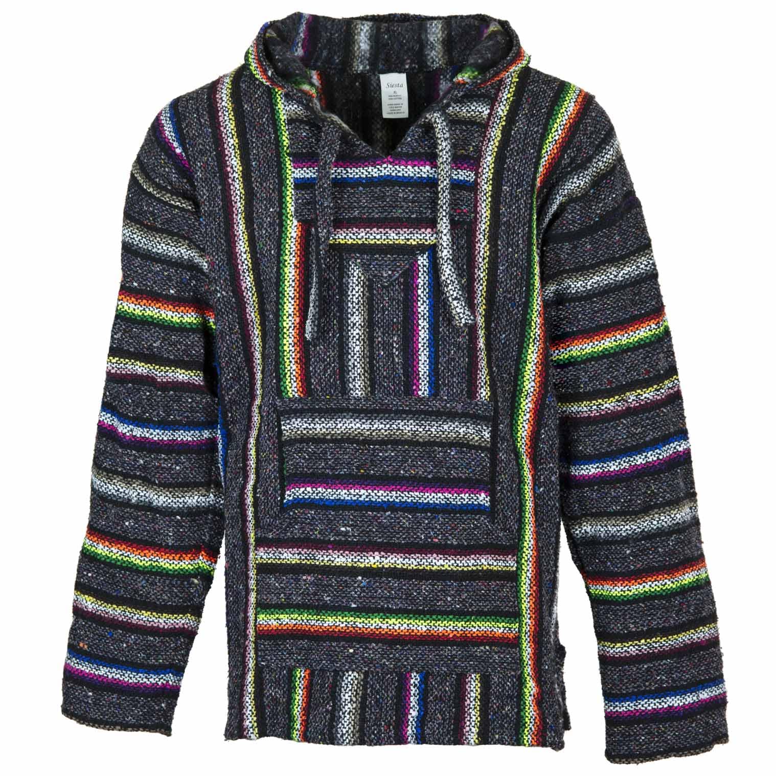 Siesta Baja Hoodie - Mexican Jerga Hooded Top - Hippie Festival Jumper for Men and Women - Grey Multicolour - M