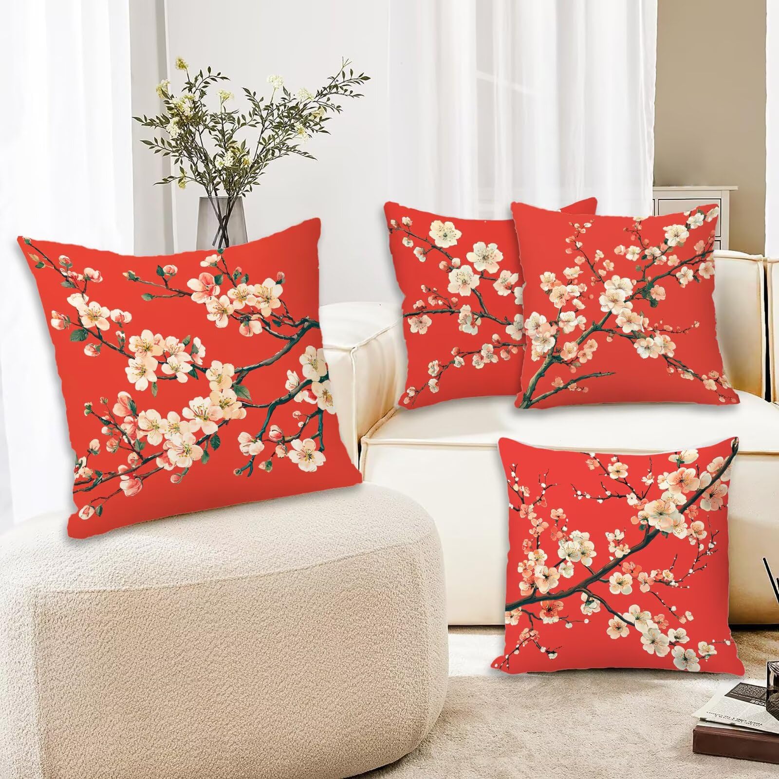 Kissenbezug 55x55 Rot 4er Set Samt Kissenbezüge Blume Zierkissenbezug Kissenhülle Dekorative Weiche Quadratische Dekokissenbezug Sofakissenbezug Couchkissen für Deko Schlafzimmer Wohnzimmer U-15