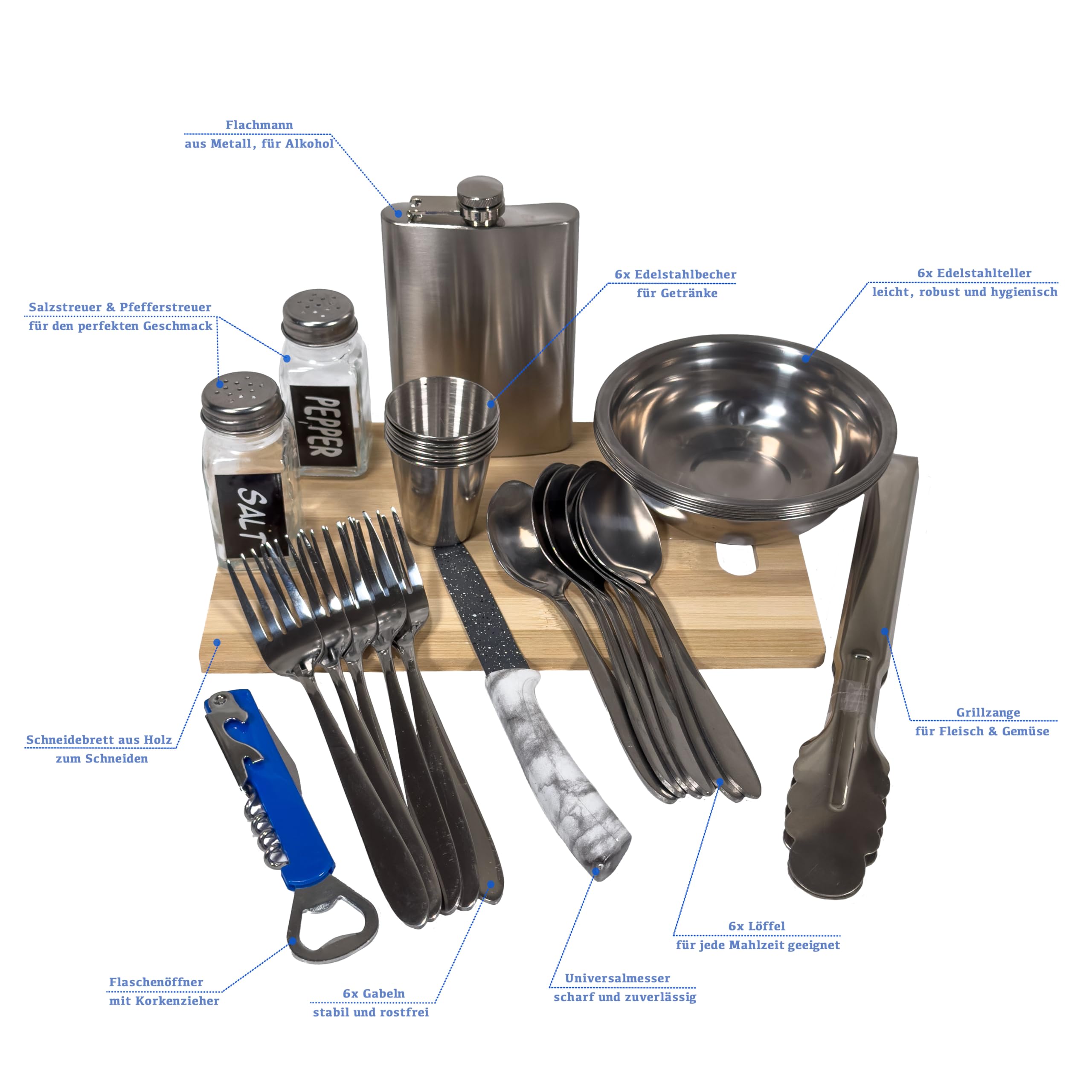 BBQ Camping Geschirr Set 6 Personen – Komplettes Outdoor Kochgeschirr mit Besteck, Tellern, Bechern, Flachmann & Grillzange – Ideales Reise-Set für Camping, Fahrrad-Touren, Urlaub & Picknick