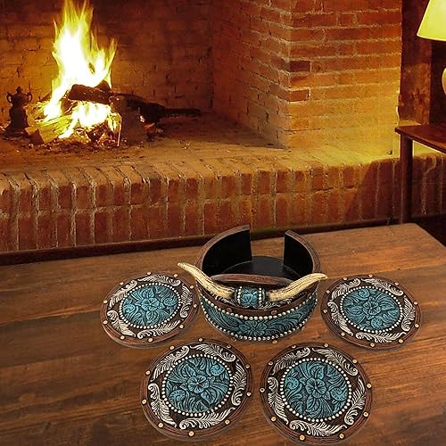 Miniatura 5 de BestGiftEver Juego de posavasos rústicos del suroeste decoración occidental inspirada en cuerno sintético y cuero labrado, casa de campo, regalo