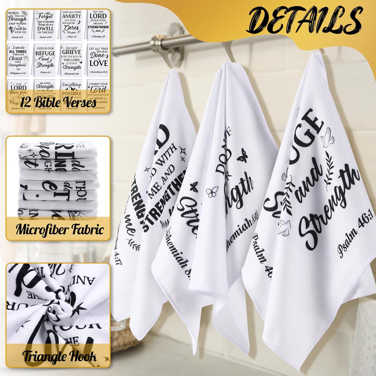 FuWeave 12 Pcs Mother's Day Religious Christian Kitchen Dish Towel Christian Gifts for Women Men Bible Verse Dishcloth Absorbent Scripture Tea Towel for Housewarming(White and Black,Classic)