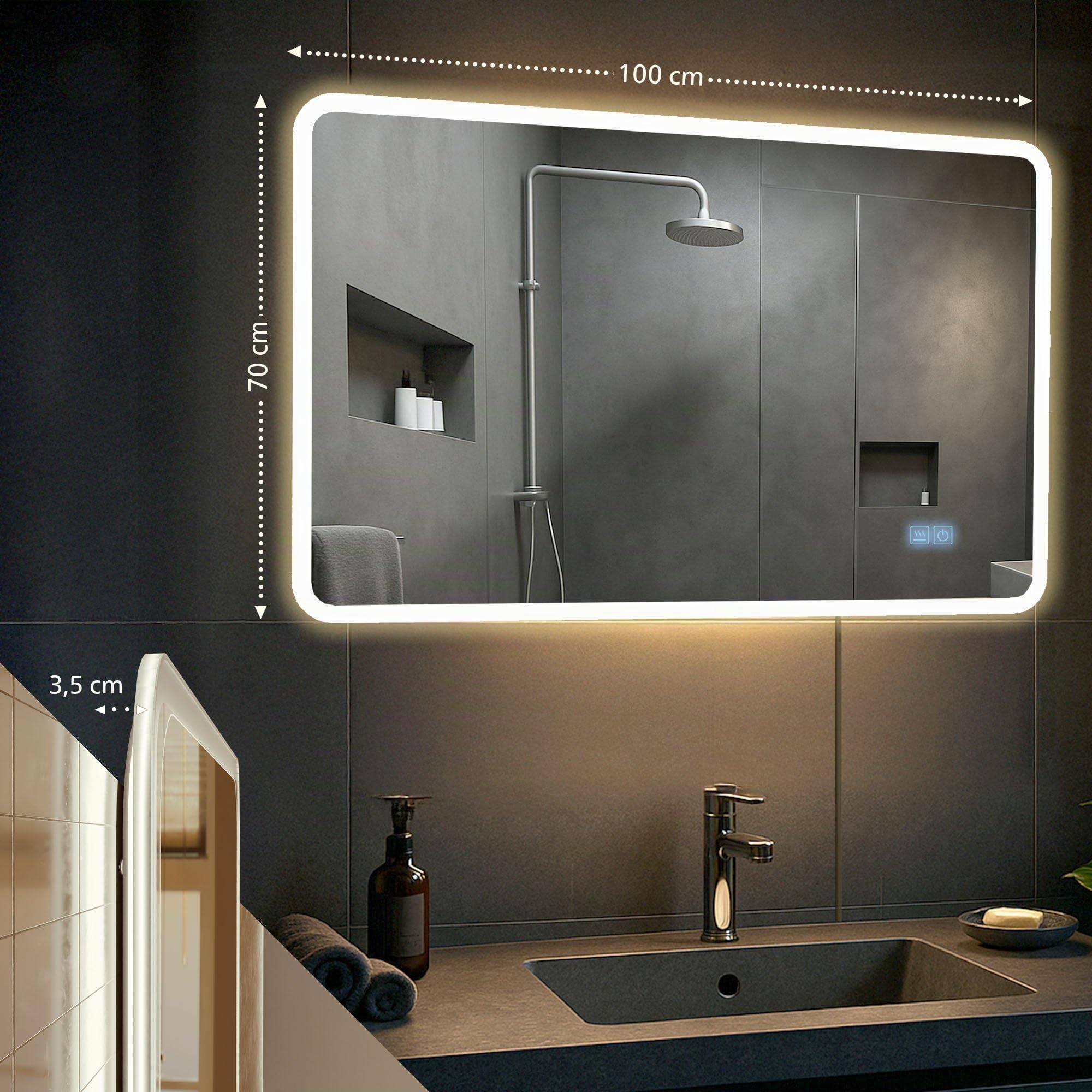 CLP Specchio da bagno Jericho con illuminazione, altoparlante Bluetooth, specchio da bagno antiappannamento, specchio da parete LED, Dimensione:70x100 cm
