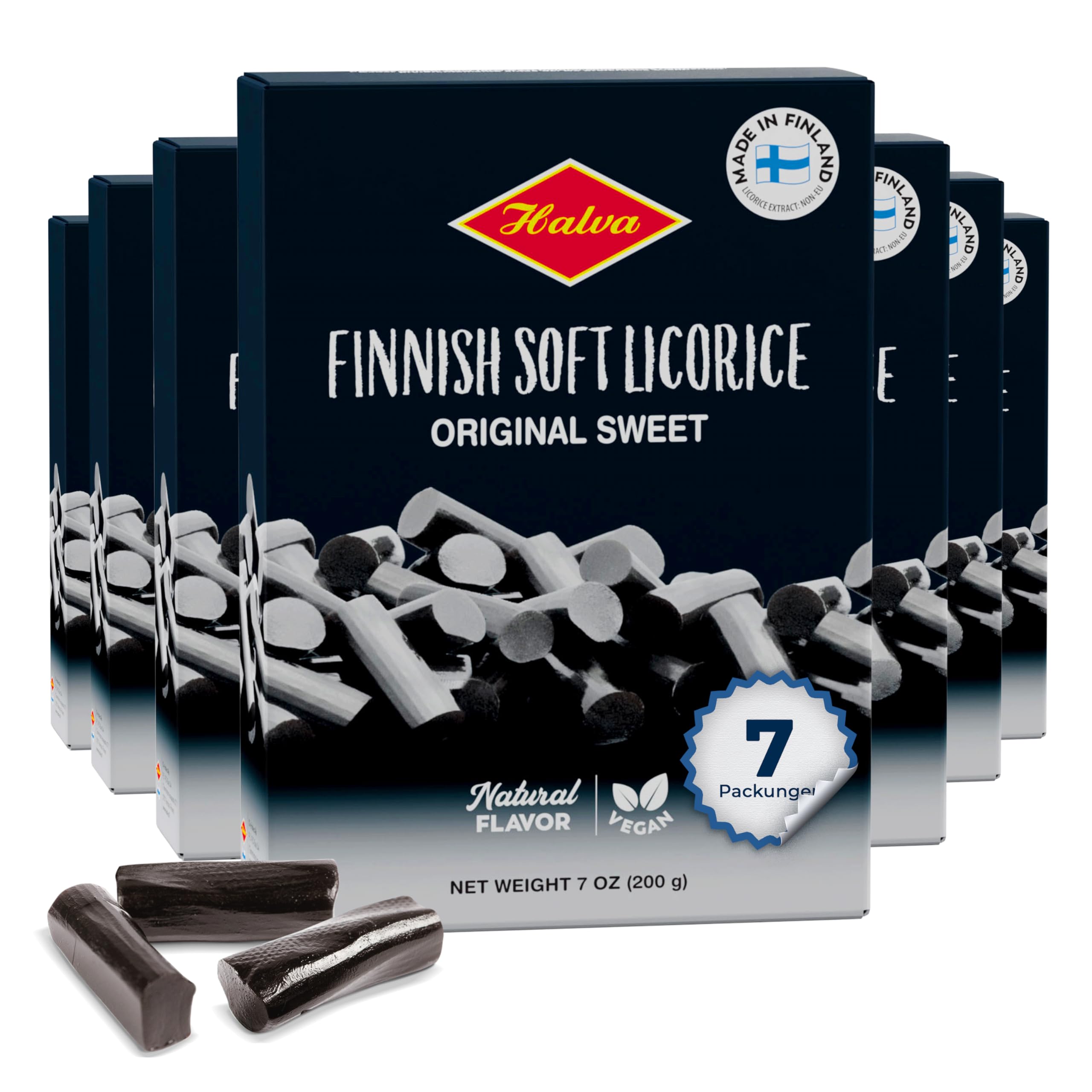 Halva Original Sweet Soft Lakritze Geschenkset 7 x 200 g - Finnische Lakritzbonbons zum Teilen, für Partys und als Snack - Veganes nordisches Liquorice mit echtem Lakritzwurzelextrakt