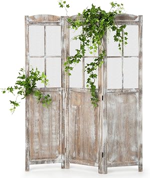 GOFLAME 3-Panel Folding Room Divider, 6FT Paulownia Wood Privacy Screen with Mesh Window, Natural Rustic Freestanding Wall Divider Partition for Room Separation, No Assembly Required