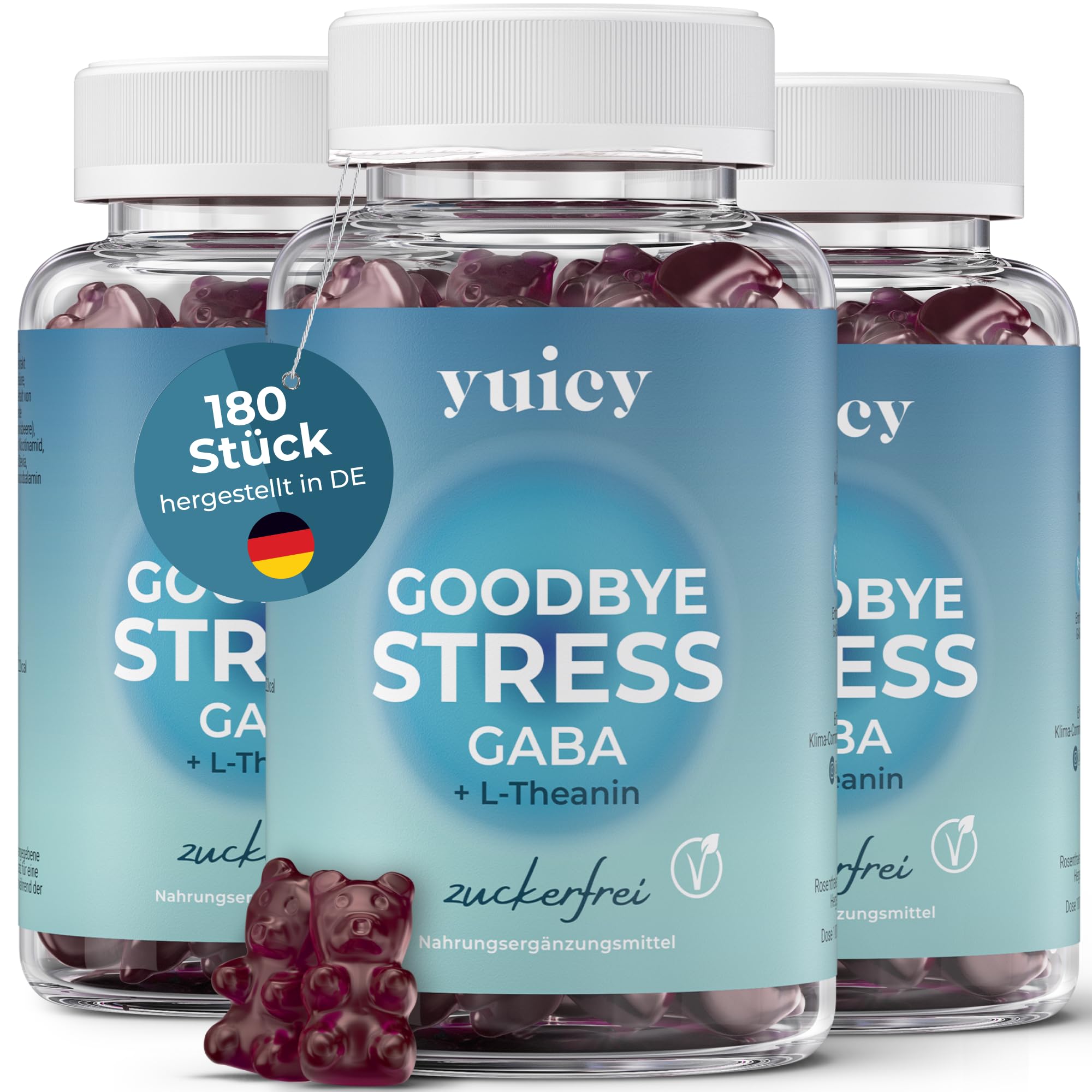 yuicy® Goodbye Stress Gaba mit L-Theanin und Zitronenmelisse - weniger Stress, mehr Fokus und Gelassenheit - Gummibärchen statt Kapseln - 100 mg Gaba - 180 Stück