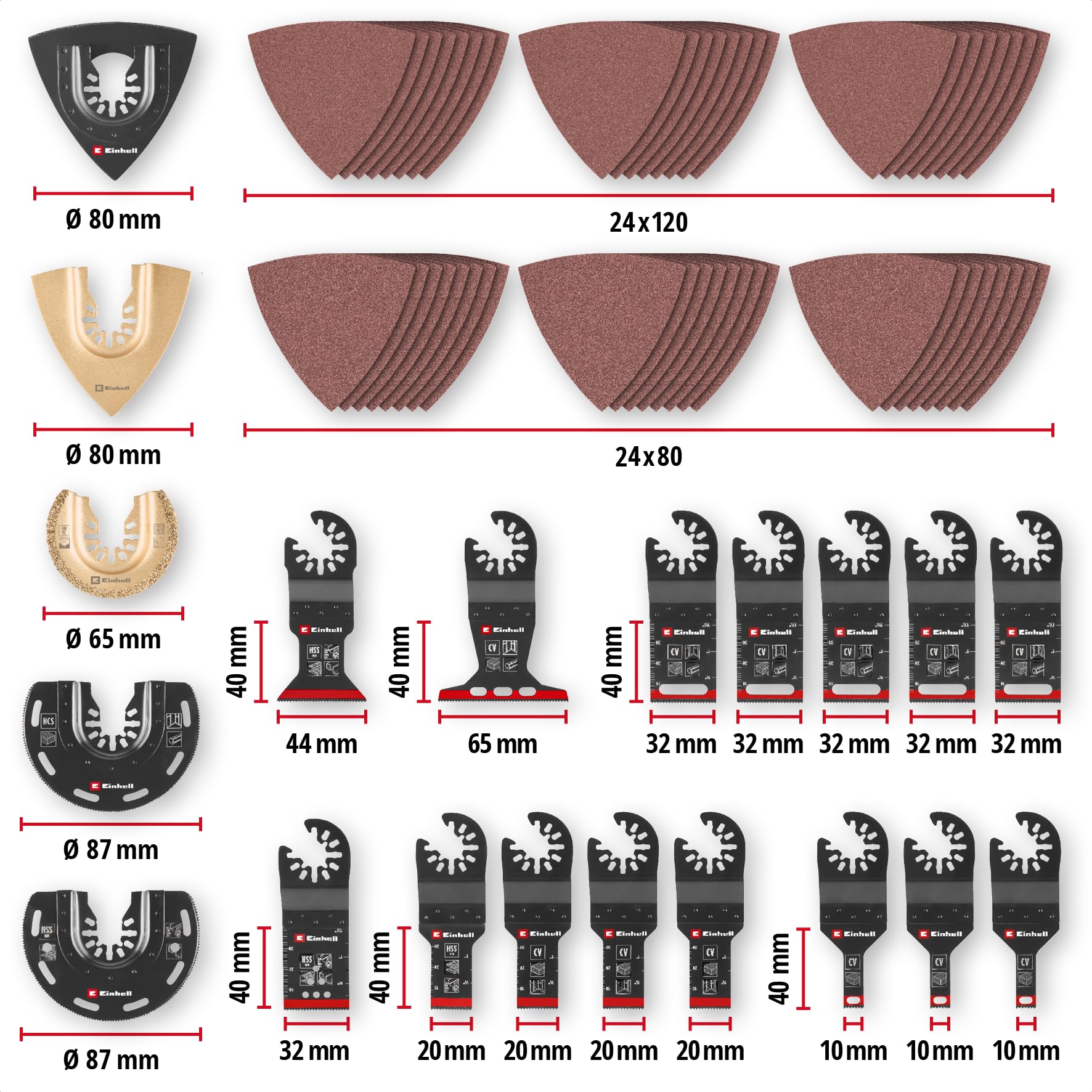 Original Einhell XXL-CASE 70-tlg. Multitool-Set (BiM/CrV-Tauchsägeblätter, HCS/HM/BiM-Halbrund-Sägeblätter, HM-Delta-Raspel, Delta-Trägerplatte, Schleifpapier, Dremel-Adapter)