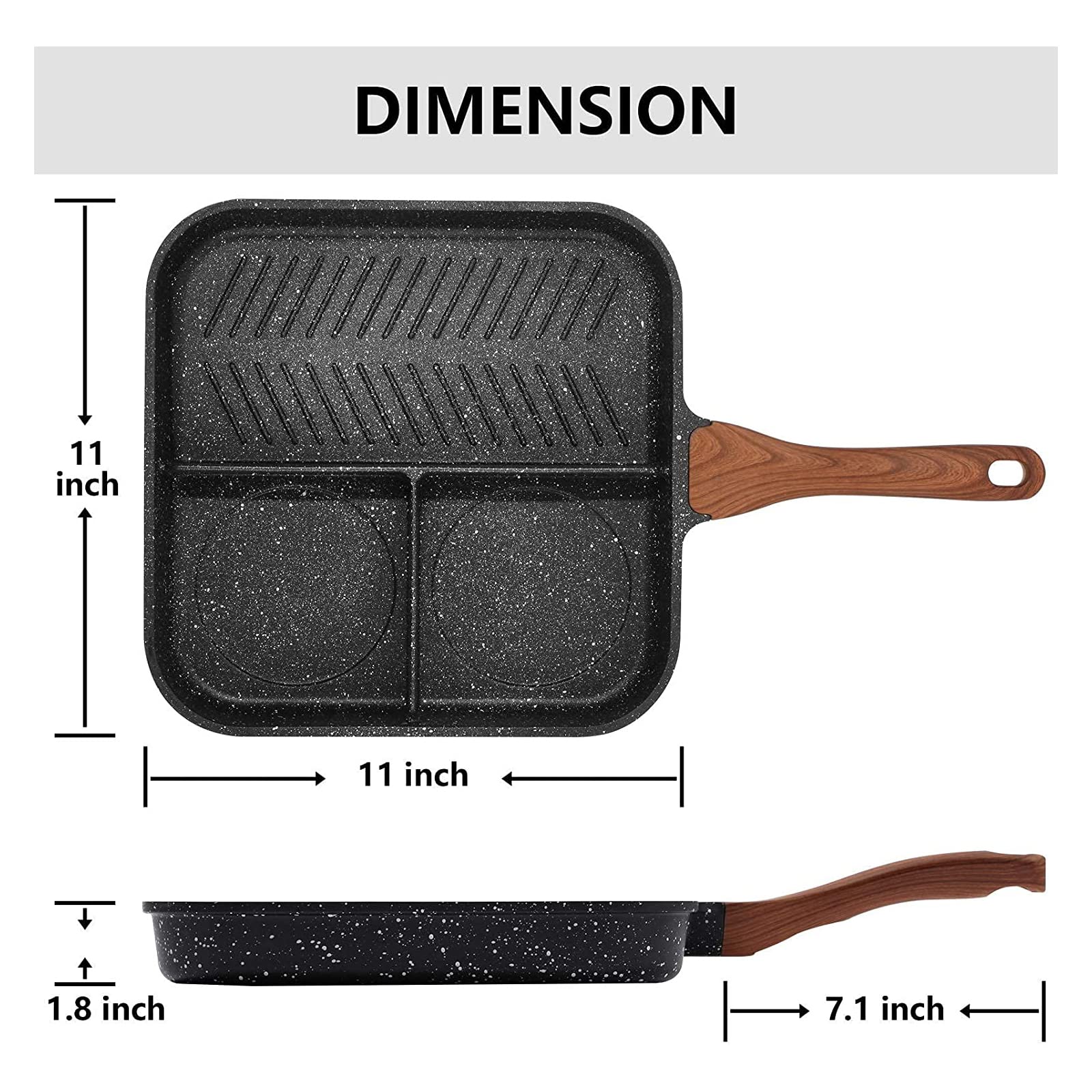 ESLITE LIFE Nonstick Divided Grill Pan with Lid, 11 Inch 3-Section Breakfast Grill Pan for Stove Tops, Compatible with All Stovetops (Gas, Electric & Induction), PFOA Free