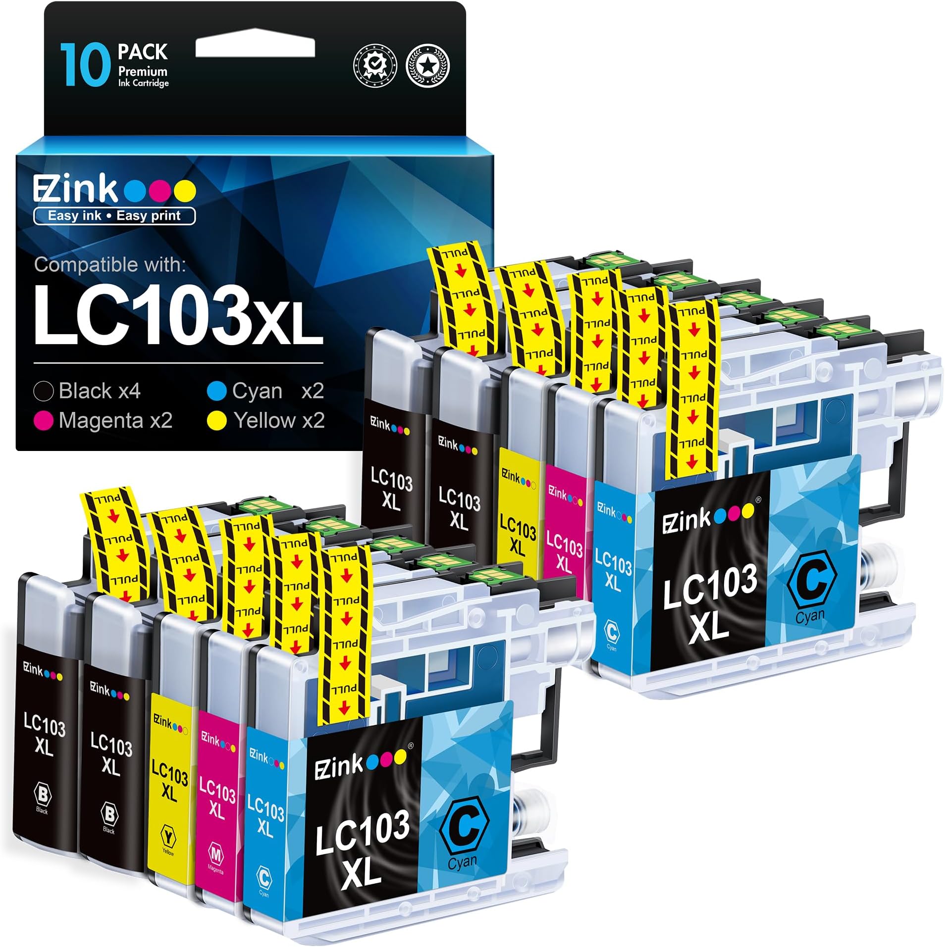 E-Z Ink (TM Compatible Ink Cartridge Replacement for Brother LC-103XL LC103XL LC103 XL LC103BK LC103C LC103M LC103Y Compatible with DCP-J152W MFC-J245 (4 Black, 2 Cyan, 2 Magenta, 2 Yellow, 10 Pack)