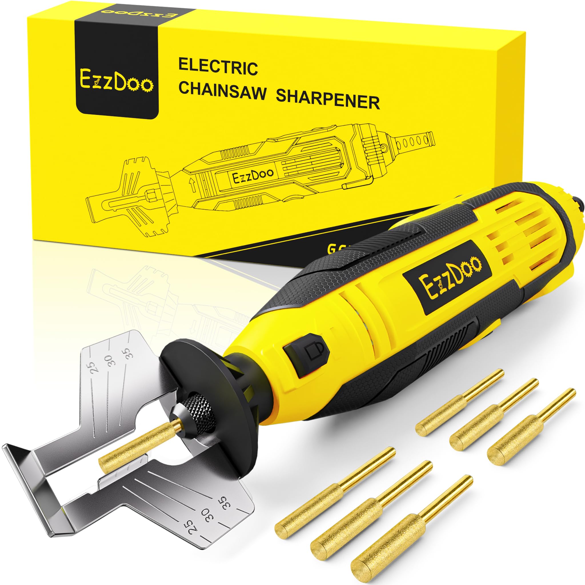 Chainsaw Sharpener, Electric Chainsaw Sharpener Tool with 6 Titanium-Coated Diamond Bits, Handheld Chain Saw Sharpener Kit for Most Chains, No Chain Removal