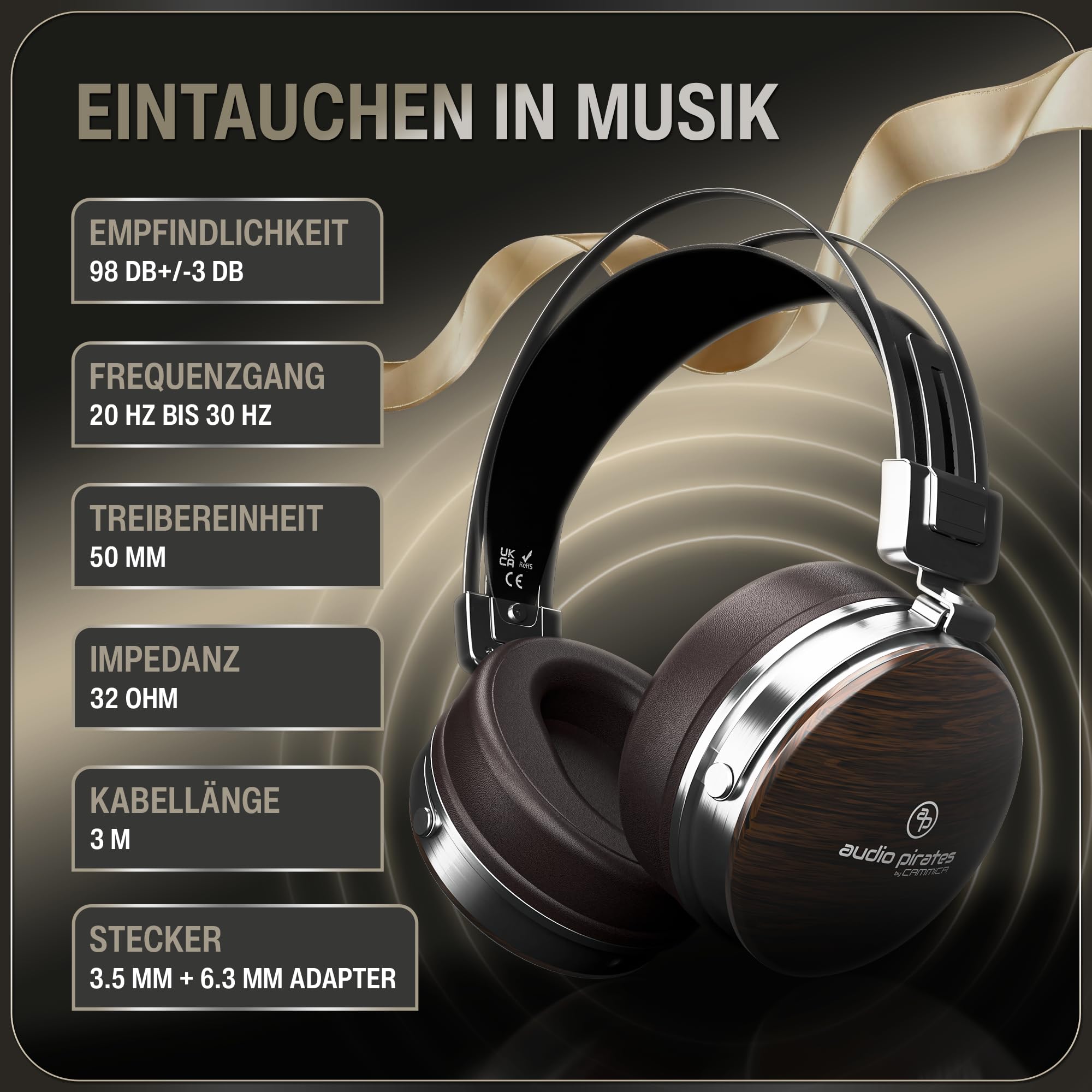 audio pirates Carlos Over-Ear HiFi-Kopfhörer aus Echtholz – Studio Monitor Kopfhörer kabelgebunden mit Mikrofon, inkl. Case, 1,5m & 3m Kabel, 6,3mm Adapter | Excellence Collection