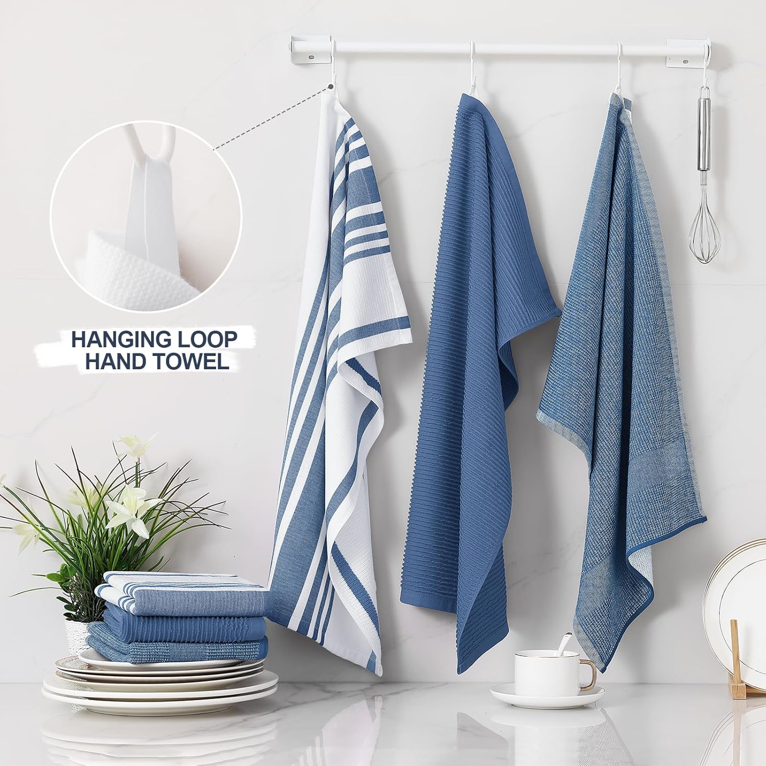 Homaxy Premium Kitchen Towels(18”x 28”, 6 Pack), Large Cotton 380 GSM Kitchen Hand Towels, Soft and Absorbent Terry Dish Towels, Multipurpose Tea Towel Set with Hanging Loop, Navy Blue - Image 3