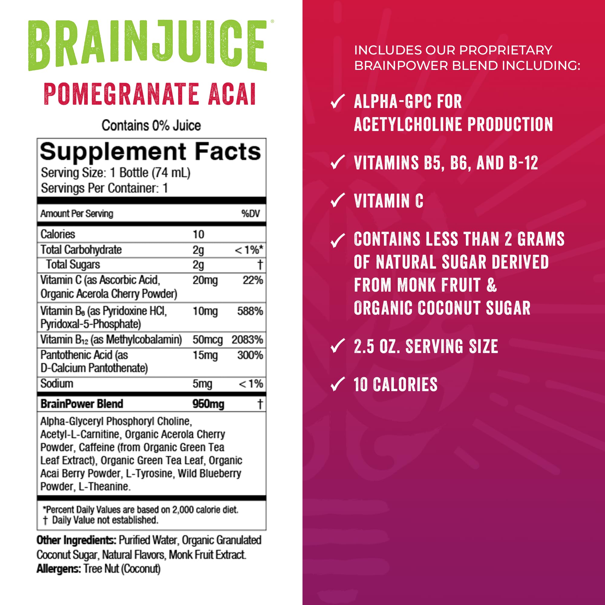 BrainJuice Pomegranate Acai Nootropic Supplement Shot, 2.5 fl oz, 12 Pack — Amazon image 3