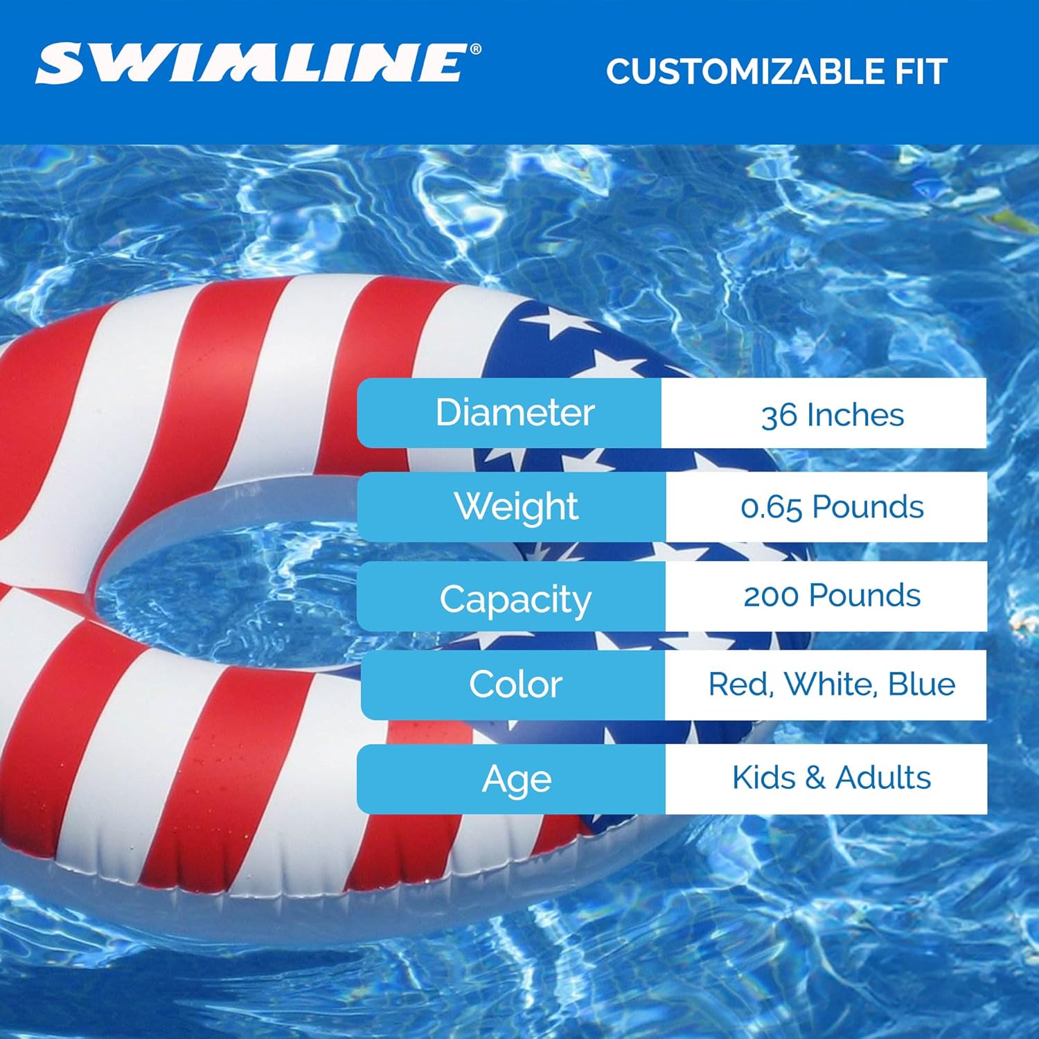 Swimline 90196 Round 36 Inch Inflatable Patriotic American Flag Swimming Pool or Lake Tube Lounger Water Float for Kids and Adults, (5 Pack)